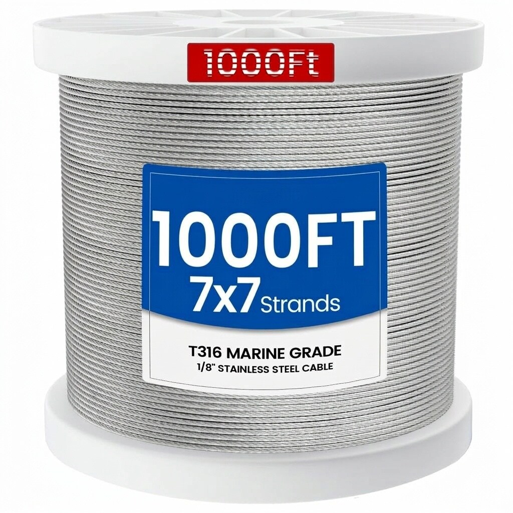ITOPFOX  1000 ft Roll T316 Stainless Steel Wire Rope 1/8 inch 7x7 Strands Marine Grade Cable 1800 lb Breaking Strength for Deck Railing