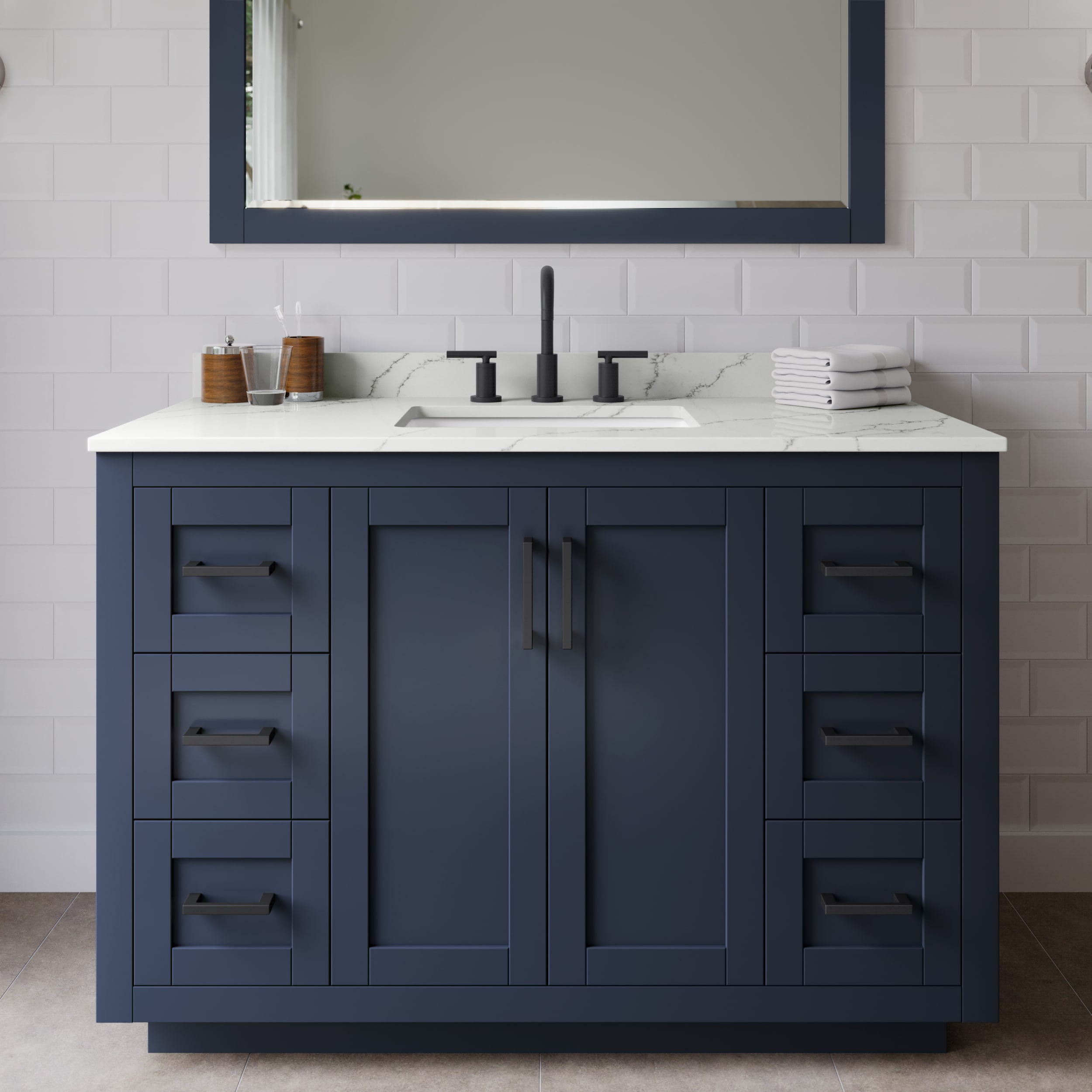 Wyndham Collection WCF292948SBBGTUS3M46 Miranda 48-in Dark Blue Undermount Single Sink Bathroom Vanity with Giotto Quartz Top (Mirror Included)