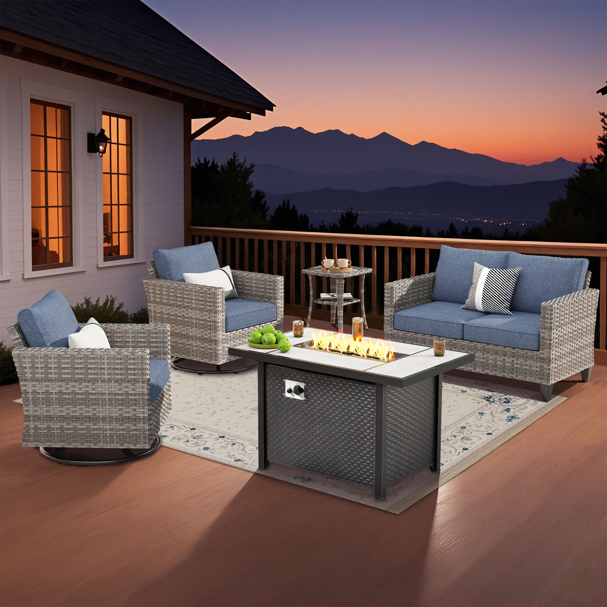 Pouuin SYZGR305 5 -Piece Wicker Patio Conversation Set with Blue Cushions