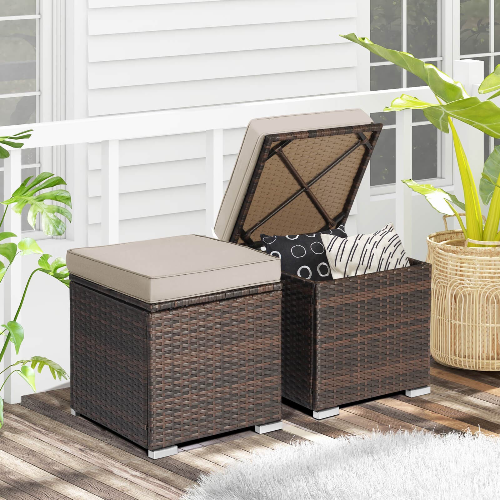 Forclover HYFC-UM245MS CH Outdoor Ottoman Seating Chairs Mix Brown Rattan Ottoman