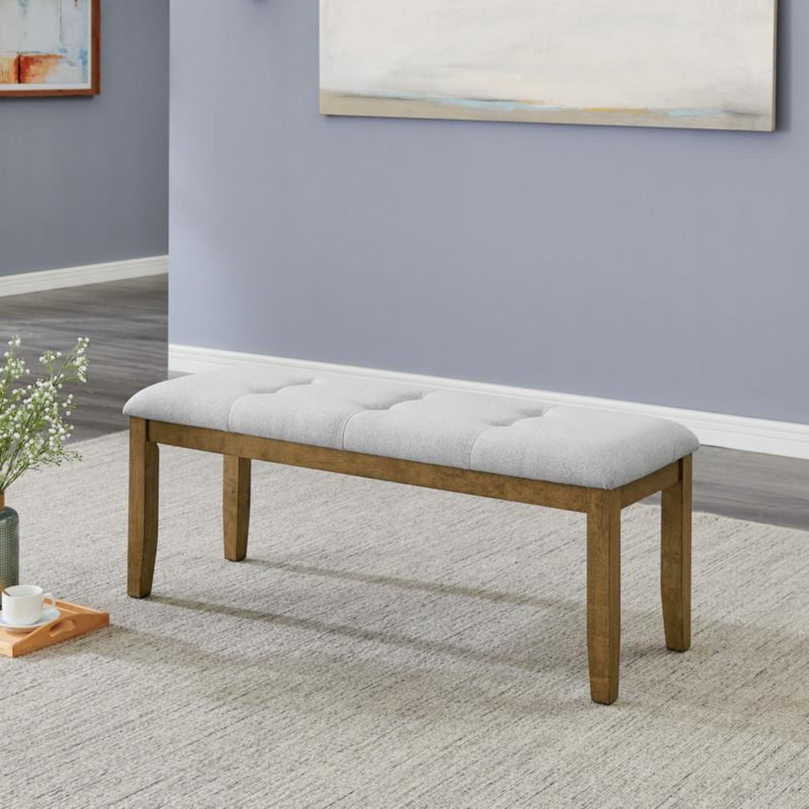 GlasFlength  48-Inch Light Dafne Dining Bench with Button Tufting Space Saving Upholstered Bench for Dining Room Kitchen Light Gray Walnut Oak