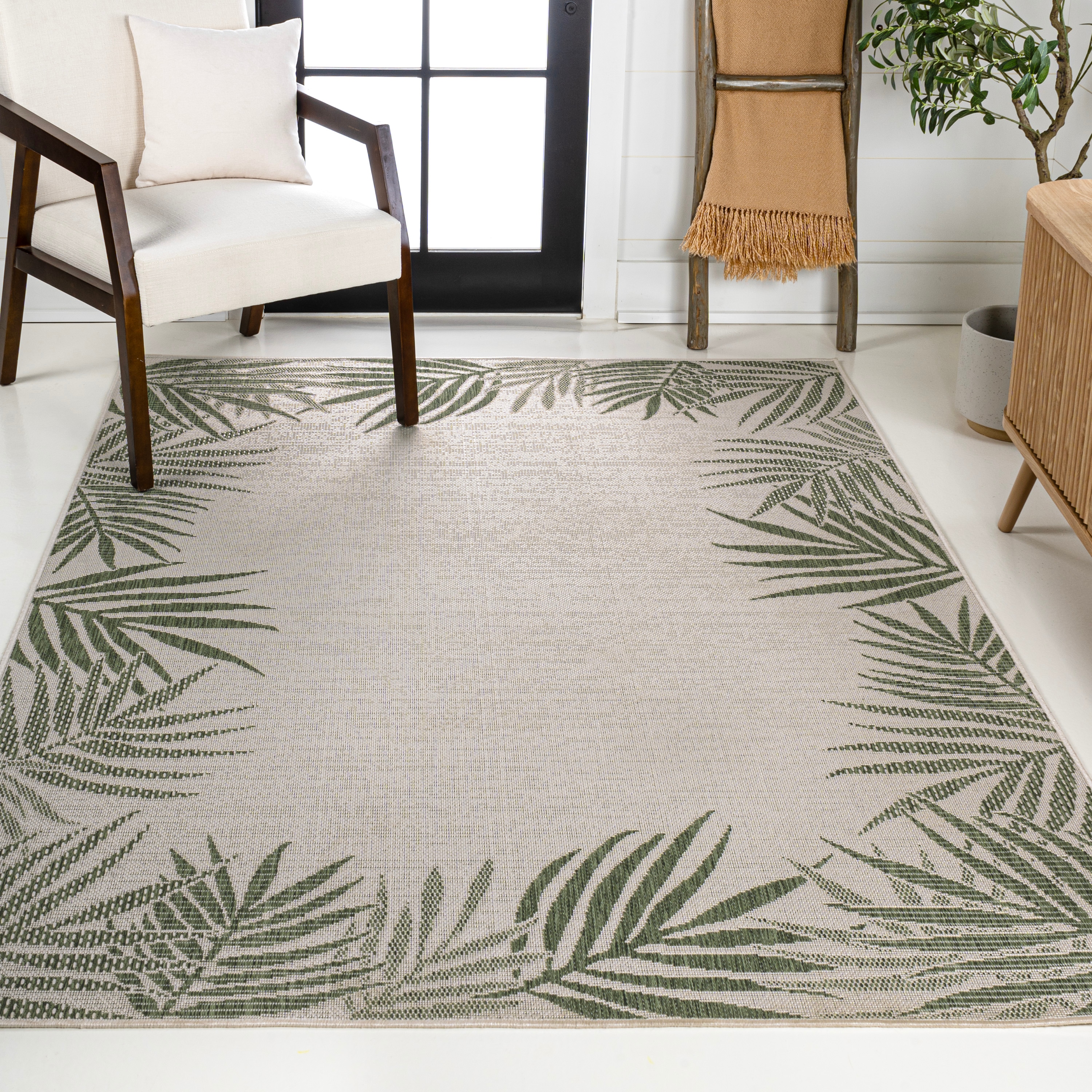 JONATHAN  Y TSN207B-3 TUSCAN SUN Isla Palm Frond Border 3 x 5 (ft) Loomed Polypropylene Green/Cream Rectangular Indoor/Outdoor Floral/Botanical Coastal Area rug