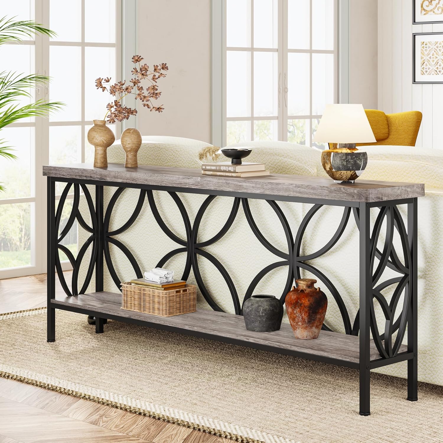 LOVMOR SF-M-B082P357405 70.9Inch Extra Long Industrial Console Table  Narrow Sofa Table Behind Couch with Open Storage Shelves  Rustic Entryway Table for Hallway Foyer or Living Room  Metal Frame Vintage Grey
