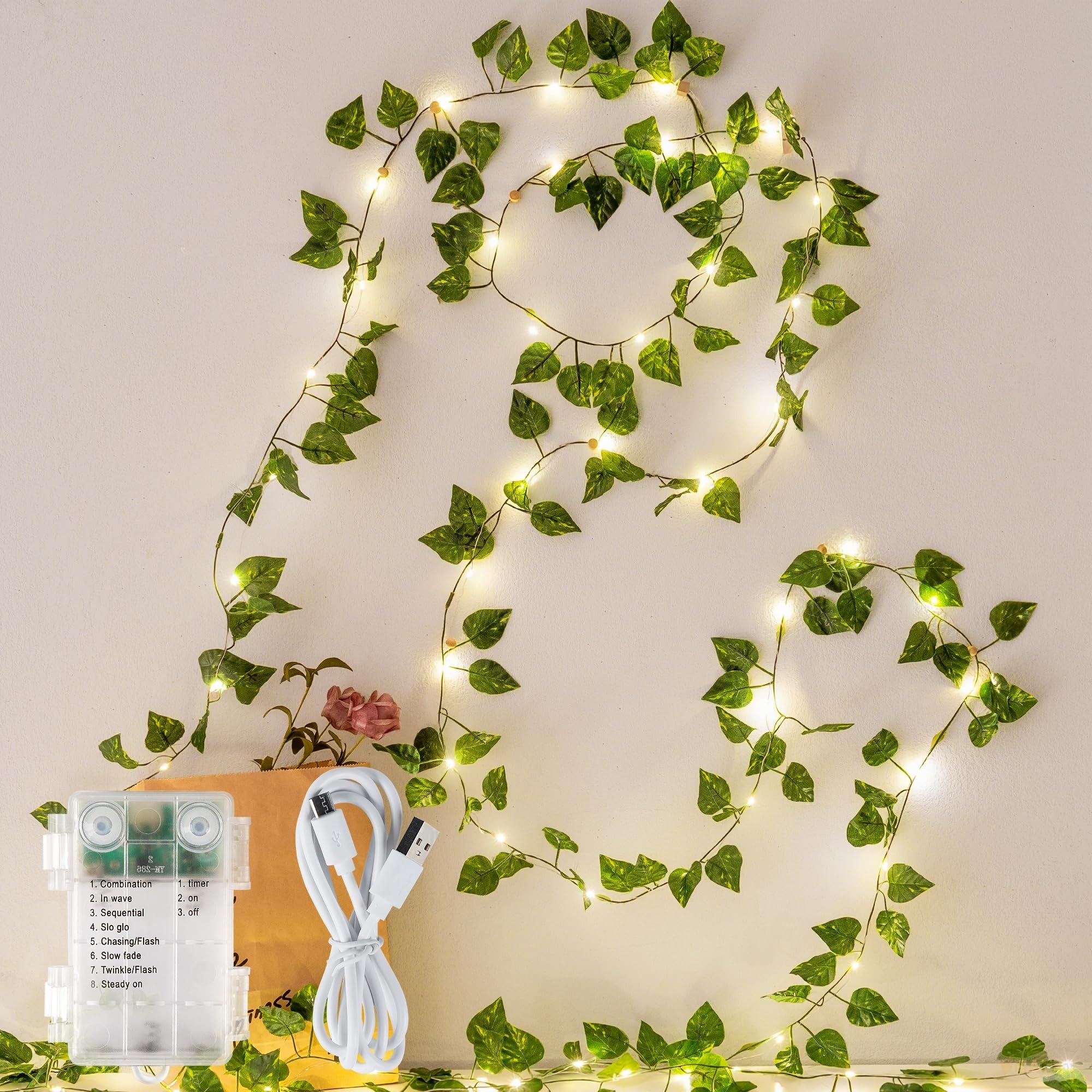 Aoibox  23 ft Green Faux Pothos Leaf Vine Garland with Warm White Fairy String Lights for Bedroom Wall Decor