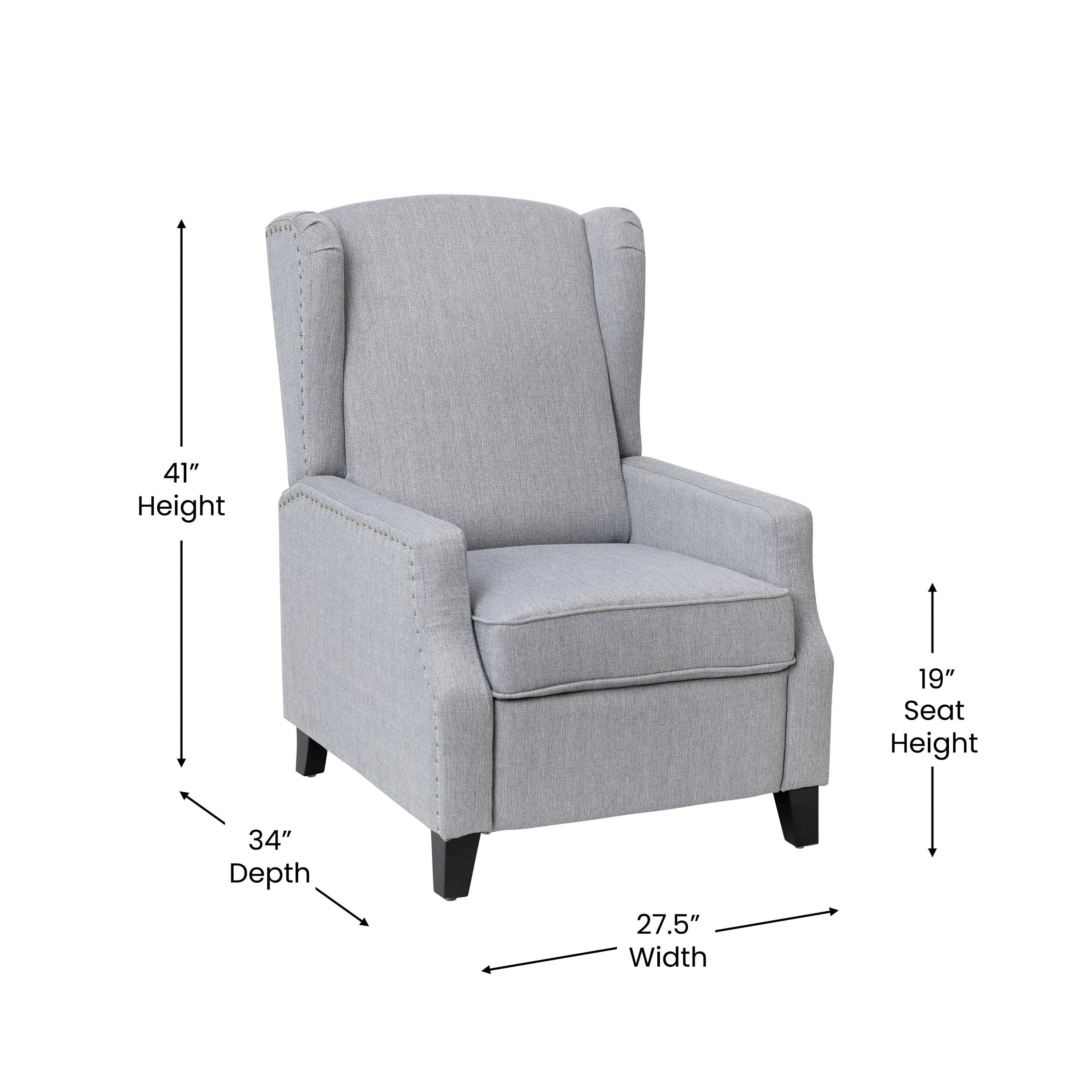 Modern Slim Silhouette Gray Recliner with Metal Nailhead Trim