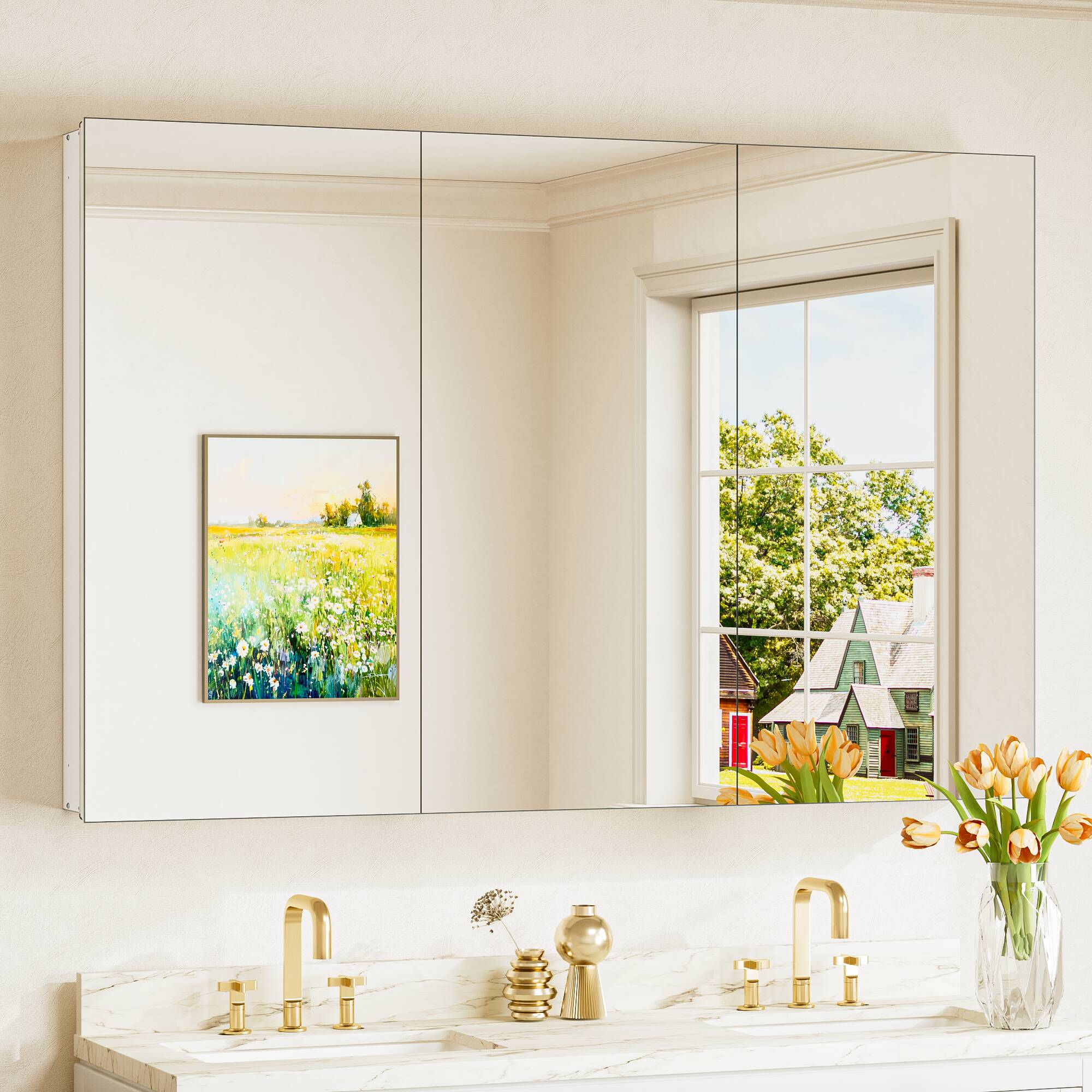 Keonjinn LW-JG-FXFJP-12181-WH Medicine Cabinet Mirror 48-in x 32-in Surface/Recessed Mount White Mirrored Rectangle Soft Close Medicine Cabinet