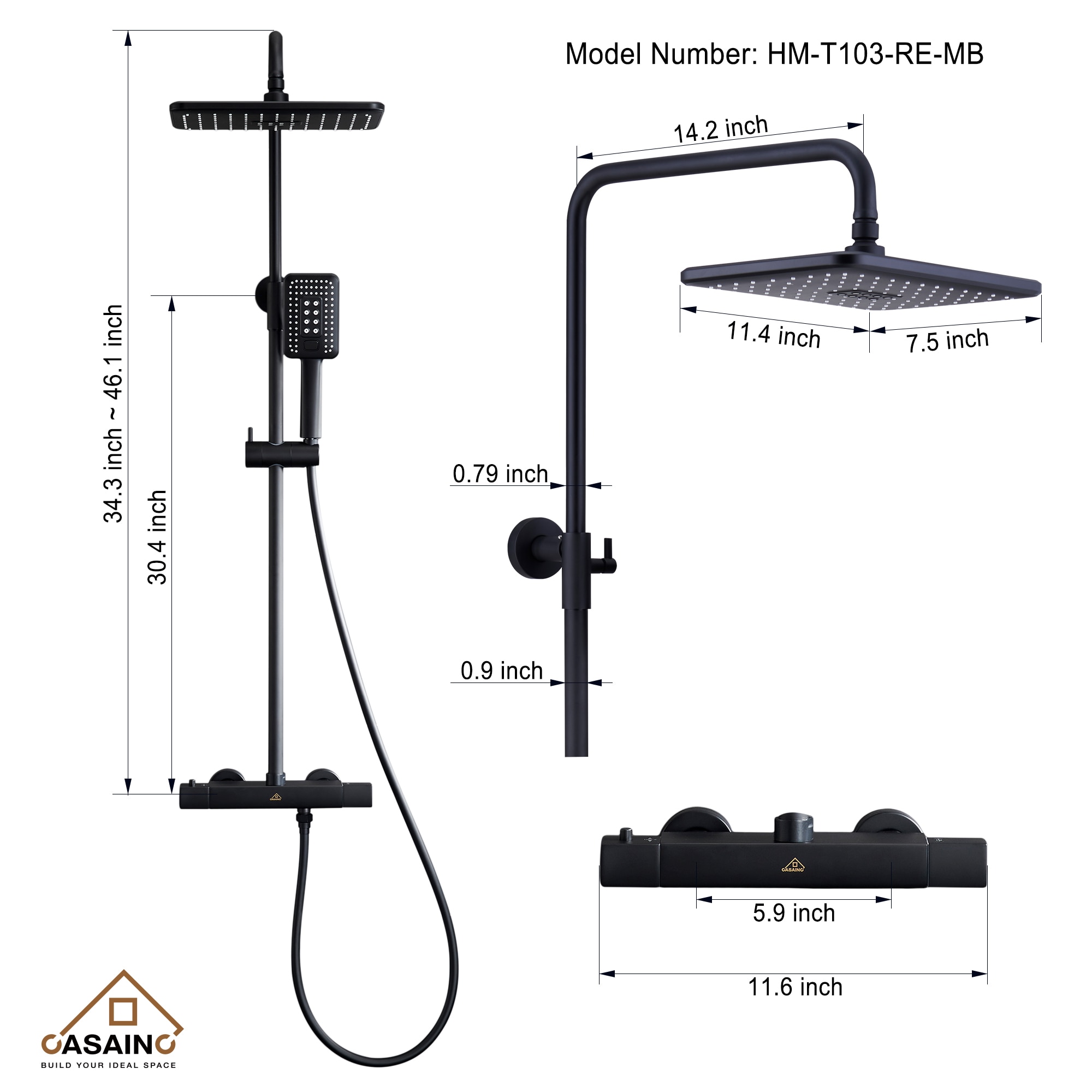 CASAINC Matte Black 9-in Shower Faucet Bar System with 2-way Diverter ...