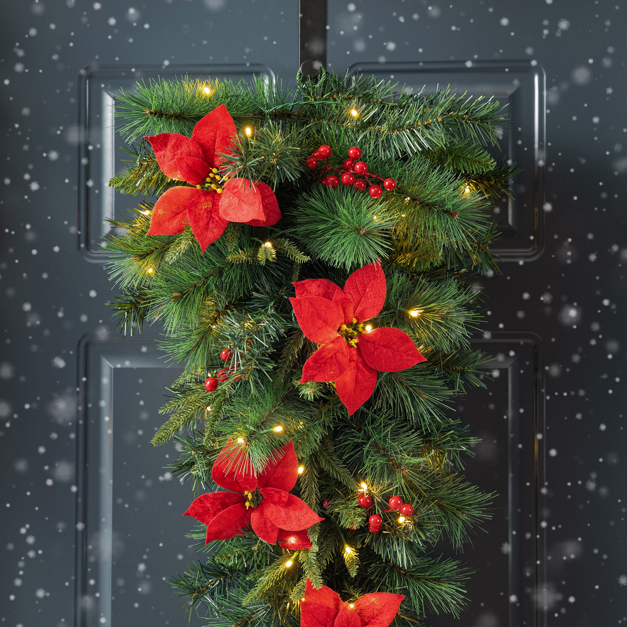 Glitzhome White Poinsettia 3-Piece Pre-Lit LED Wreath & Garland Set