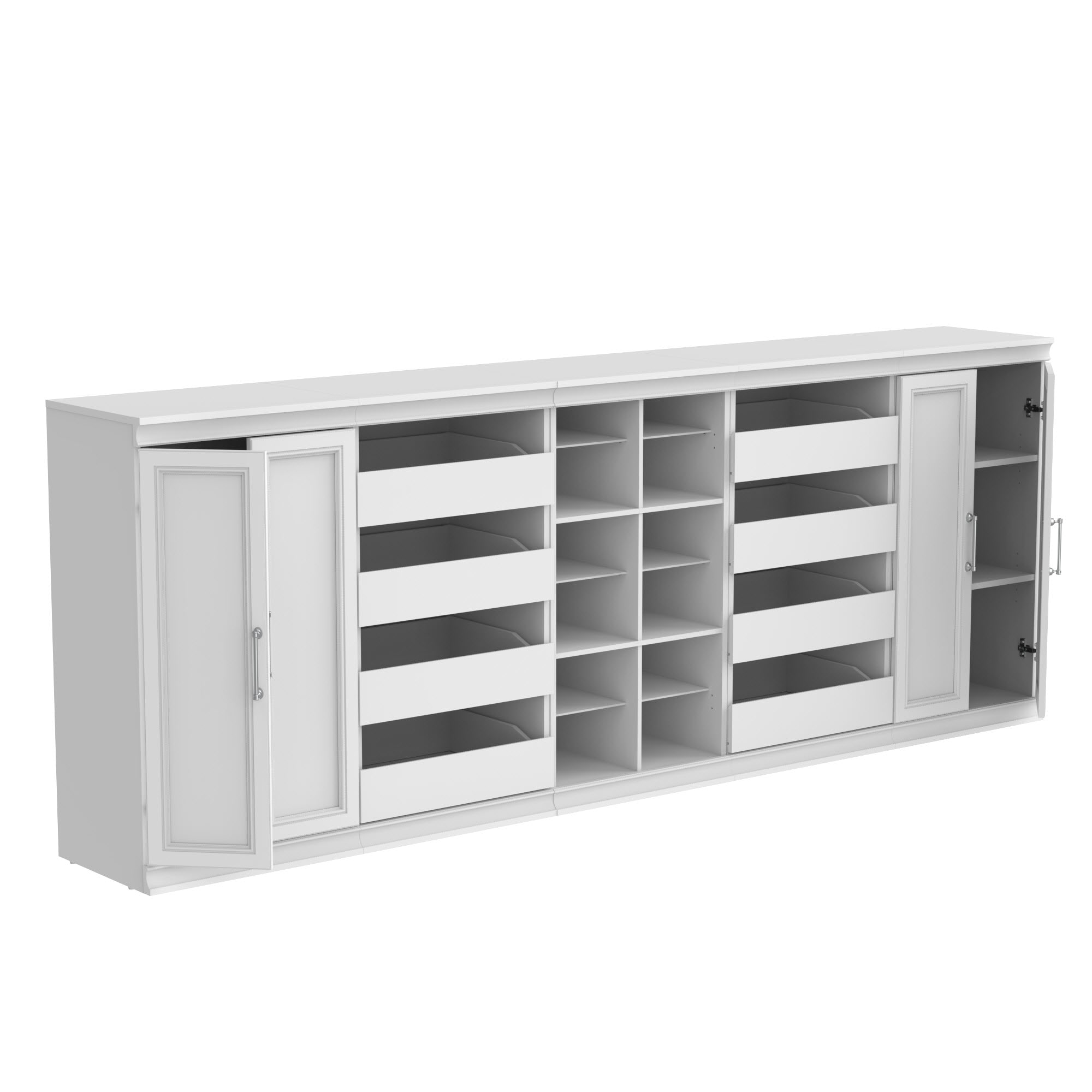 White Modular Storage System with Drawers and Shelves, 107" Wide