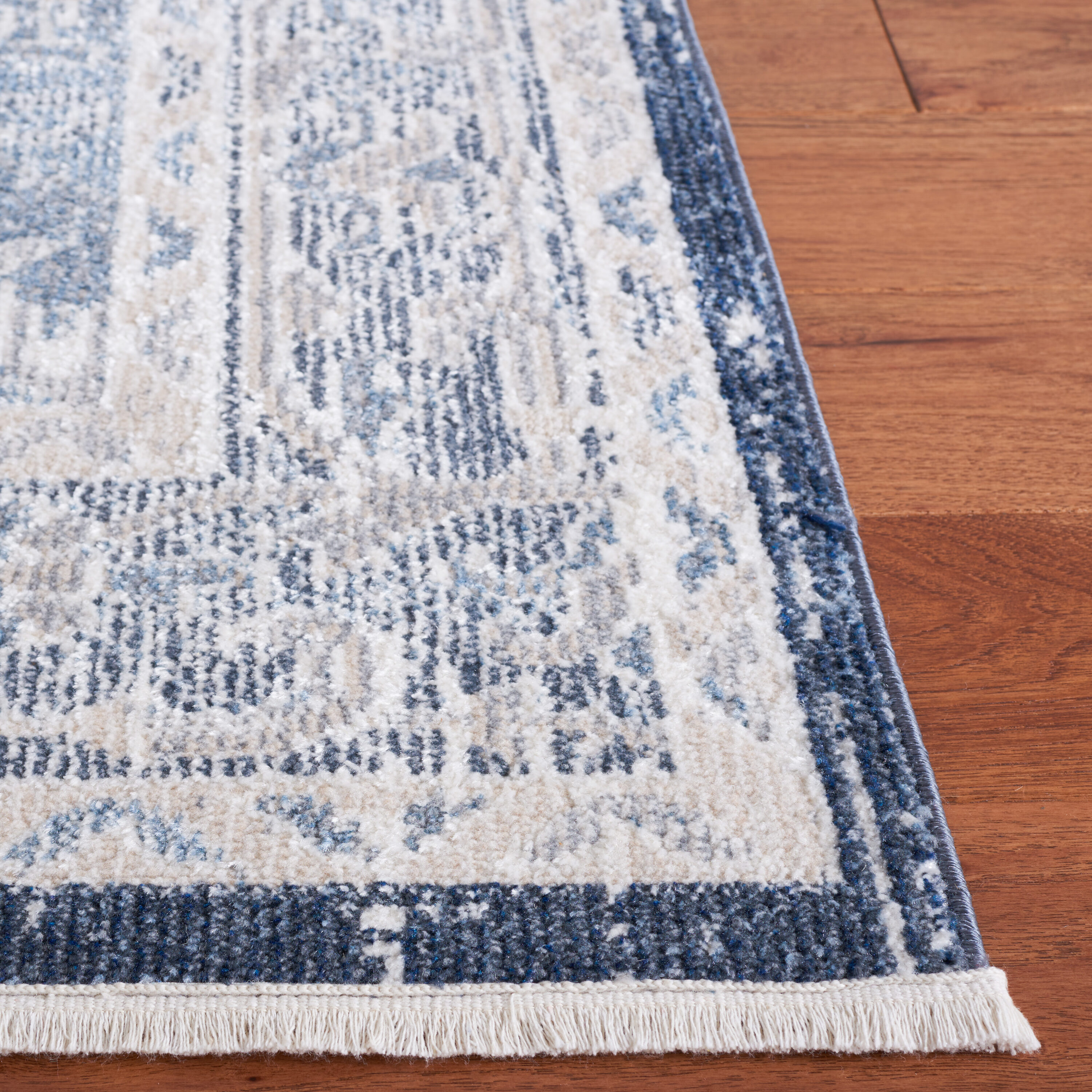 Beige and Navy Washable Synthetic Flat Woven Area Rug