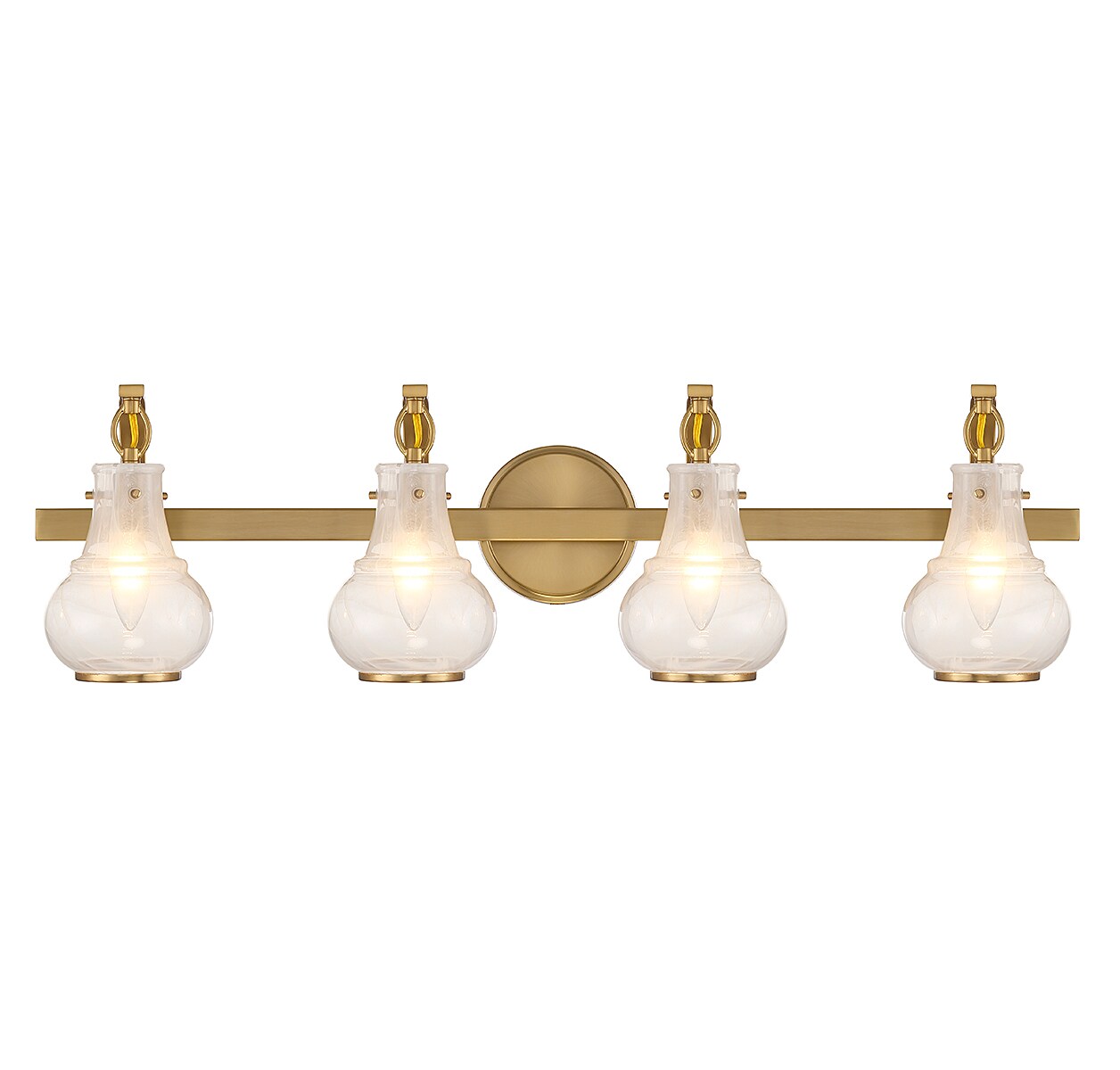 Warm Brass 4-Light Vanity with White Strie Glass Shades