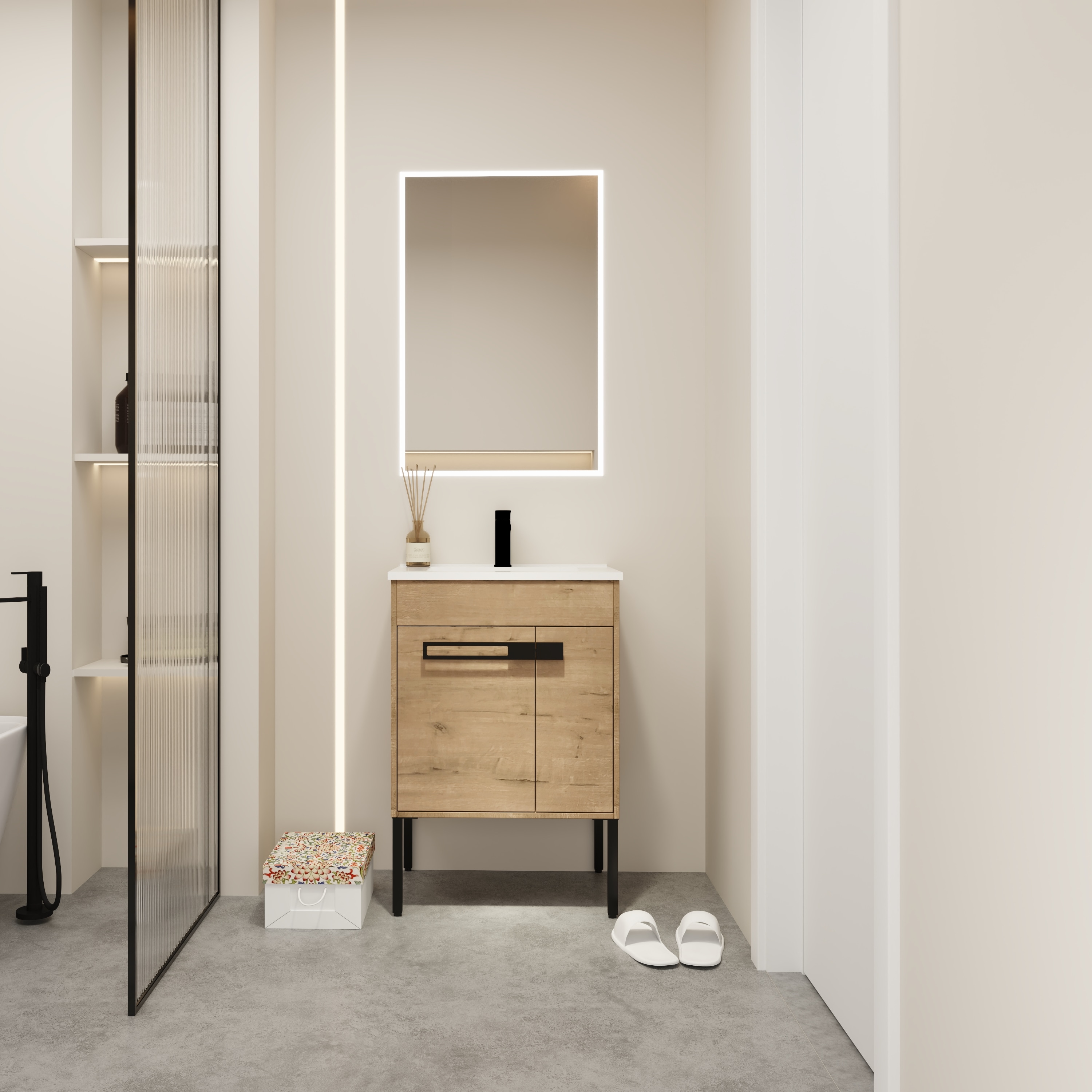 GDFStudio Aurelian Convertible Freestanding/Floating 24 in. Contemporary Bathroom Vanity with Ceramic Sink Soft Close Doors and Storage Cabinet - Imitative Oak