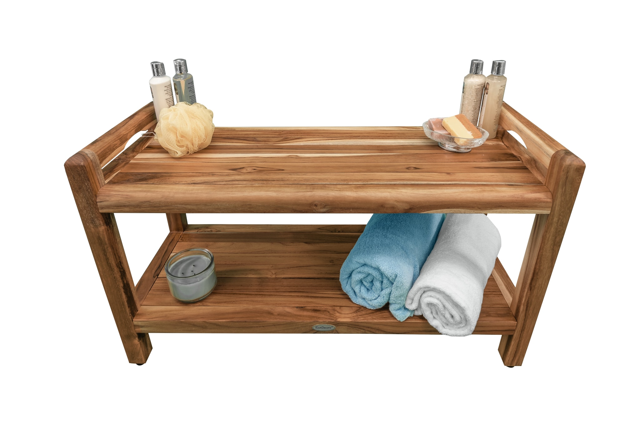 Teak Freestanding Shower Bench with Shelf and LiftAide Arms