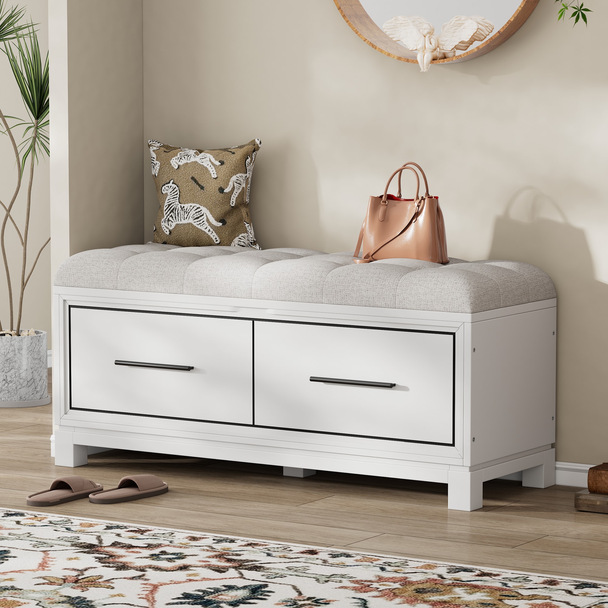 ModernLuxe N715P233804K Shoe Bench with Removable Cushion Entryway Bench with Hidden Storage for Living Room Entryway and Hallways White