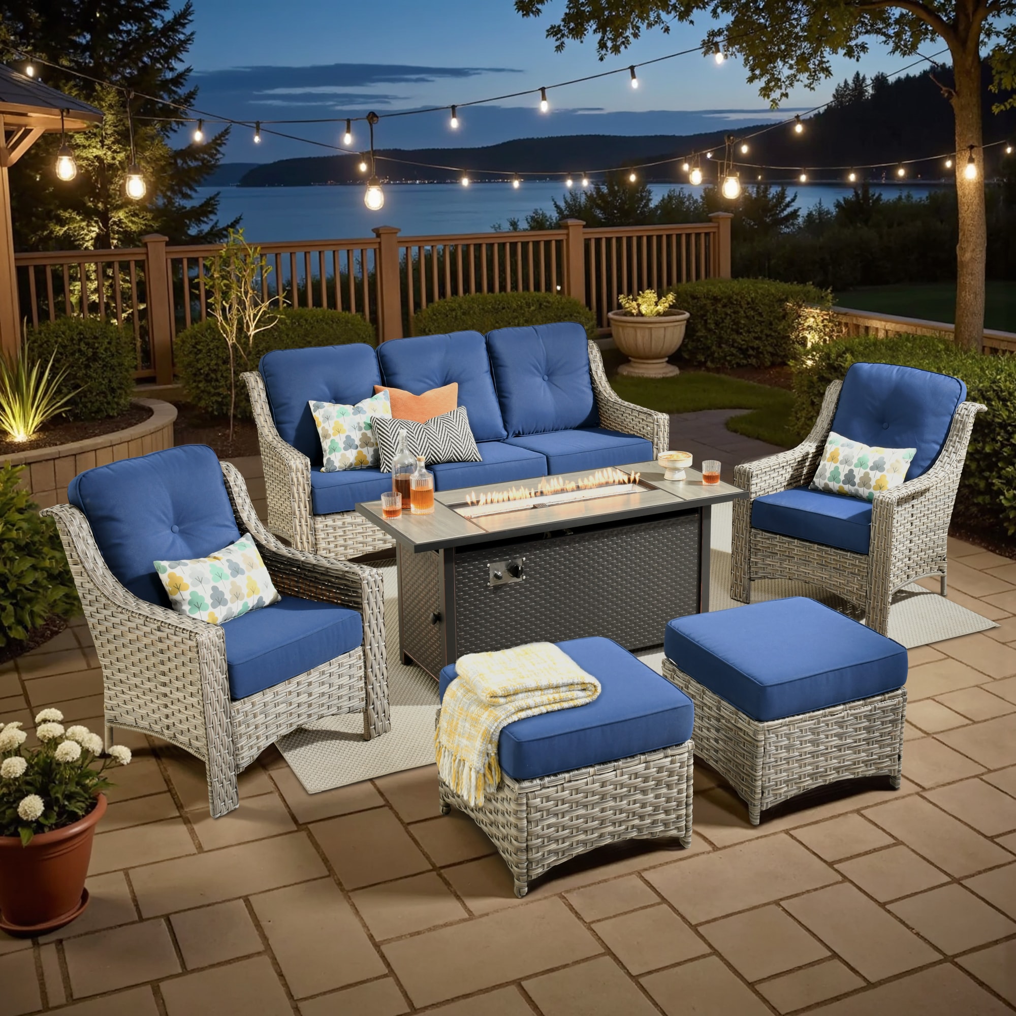 XIZZI XIPAD7054-IFP54 Pyrophyllite 6 -Piece Rattan Patio Sofa Conversation Set with Navy Cushions