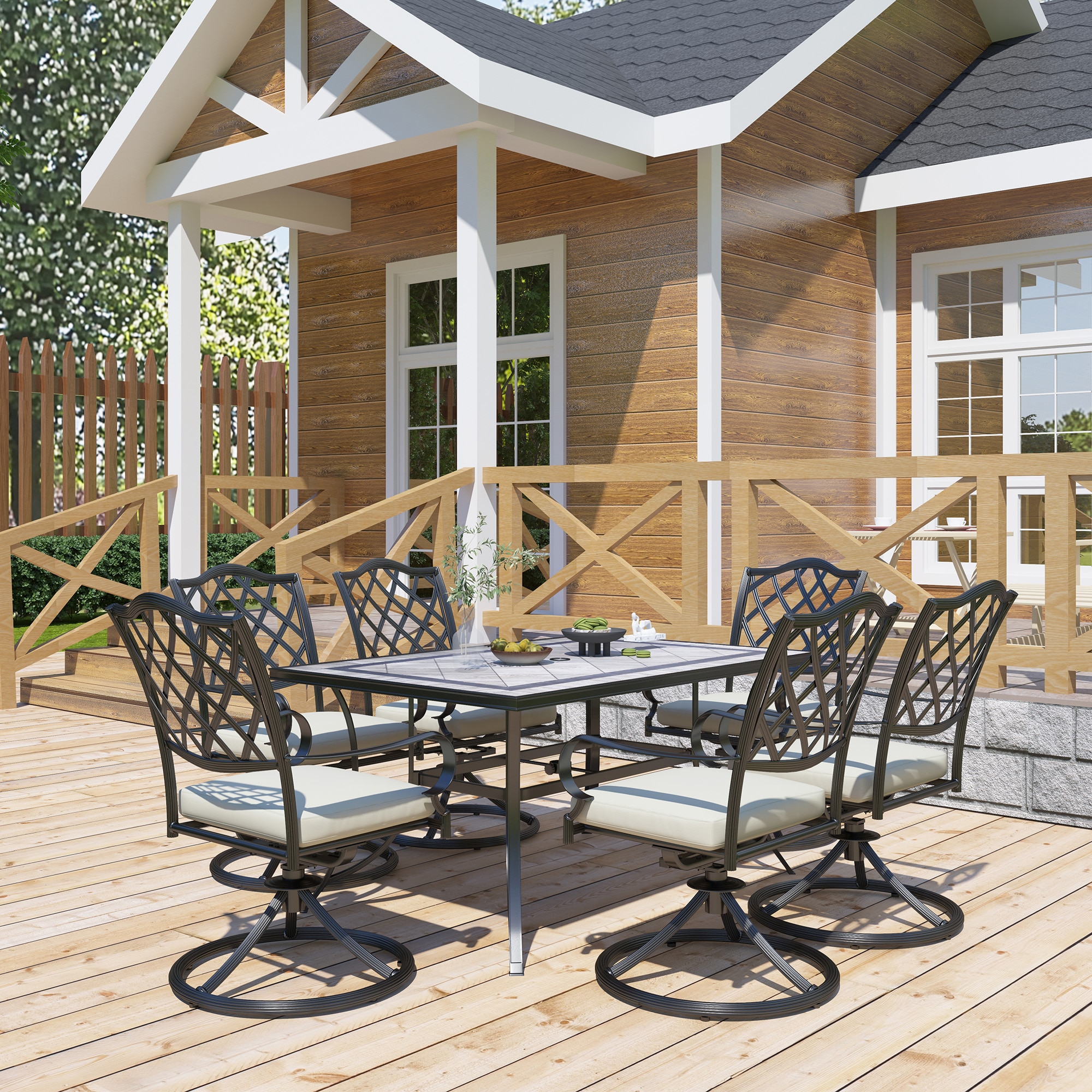 Clihome IVY203-R11-CL 7 -Piece Aluminum Patio Dining Set Aluminum Rectangle Table with 6 Off-white Cushions Swivel Chairs