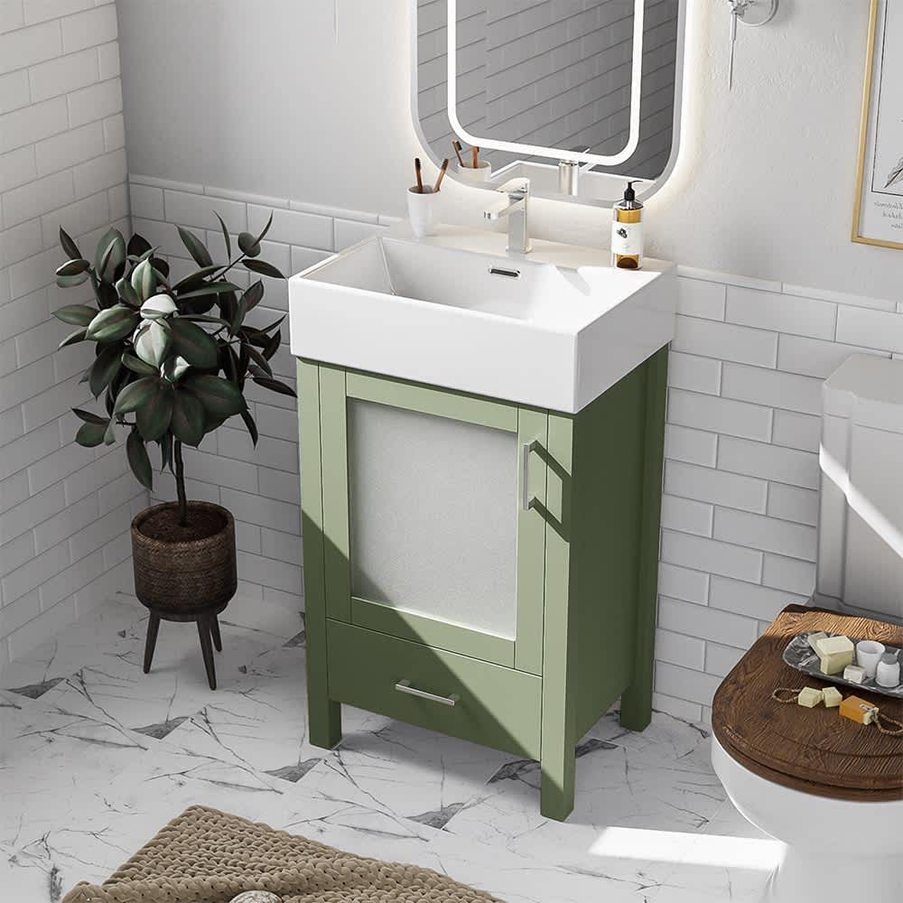 JUJABU ZJBATHSTORAGE-2 Green 20Inch Bathroom Vanity with Ceramic Sink and Ample Storage for Small Bathrooms