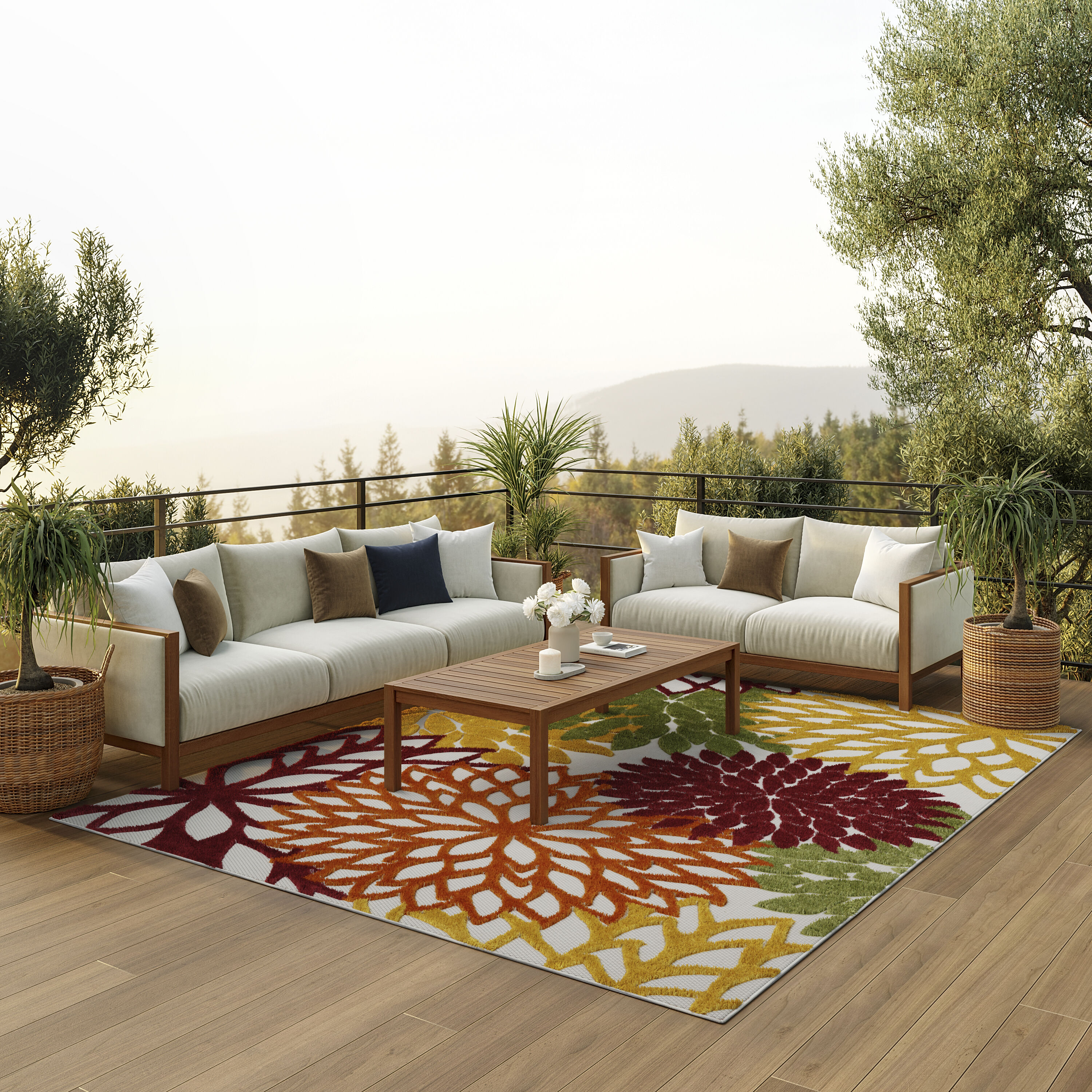Nourison 99446827043 Aloha 7 x 10 (ft) Loomed Polypropylene Red Multi Colored Rectangular Indoor/Outdoor Floral/Botanical Tropical Area rug