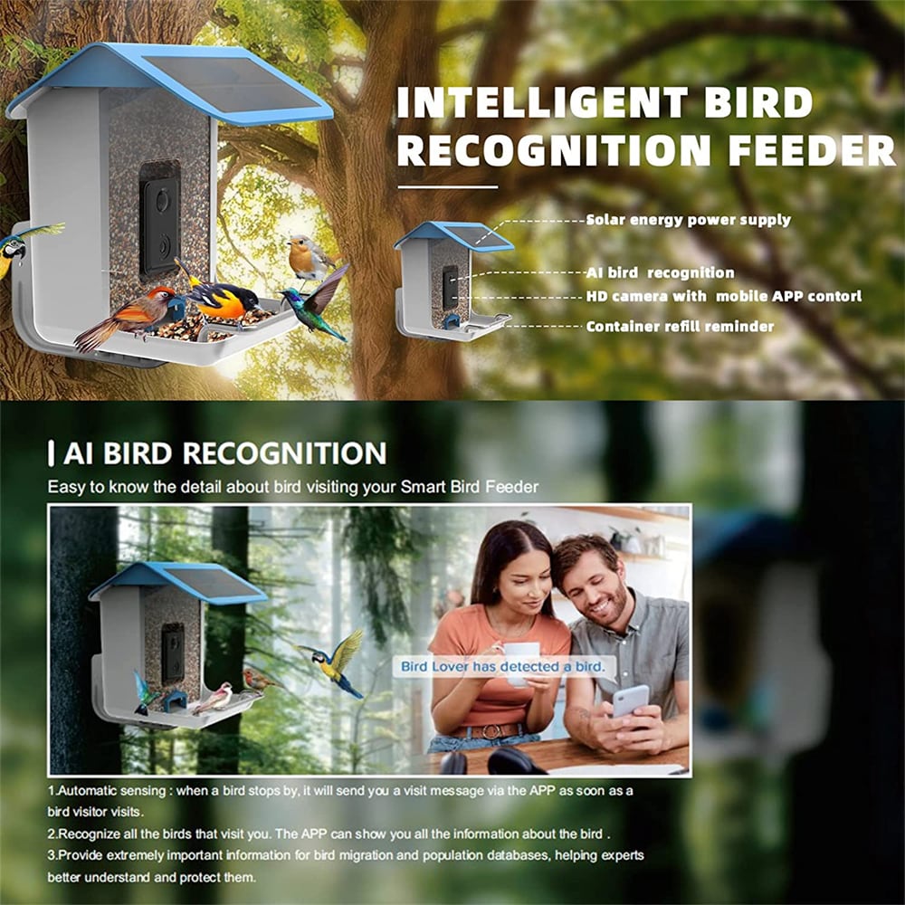 Afoxsos Smart Bird Feeder Bird House Blue and White Acrylic Hanging Squirrel-Resistant Platform Bird Feeder- 3-lb 48-oz Capacity Stainless Steel