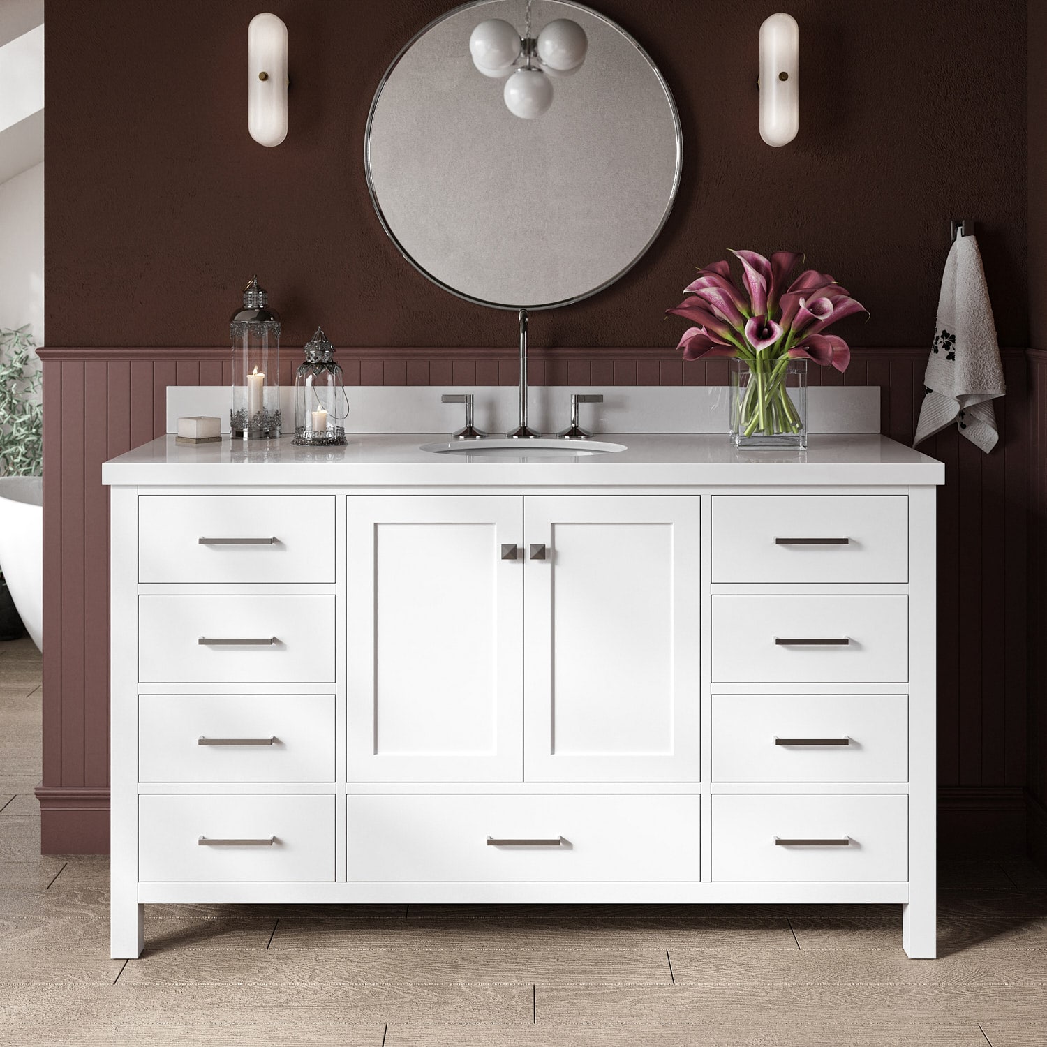 ARIEL A061SWQOVOWHT Cambridge 61-in White Undermount Single sink Bathroom Vanity with Pure White Quartz Quartz Top