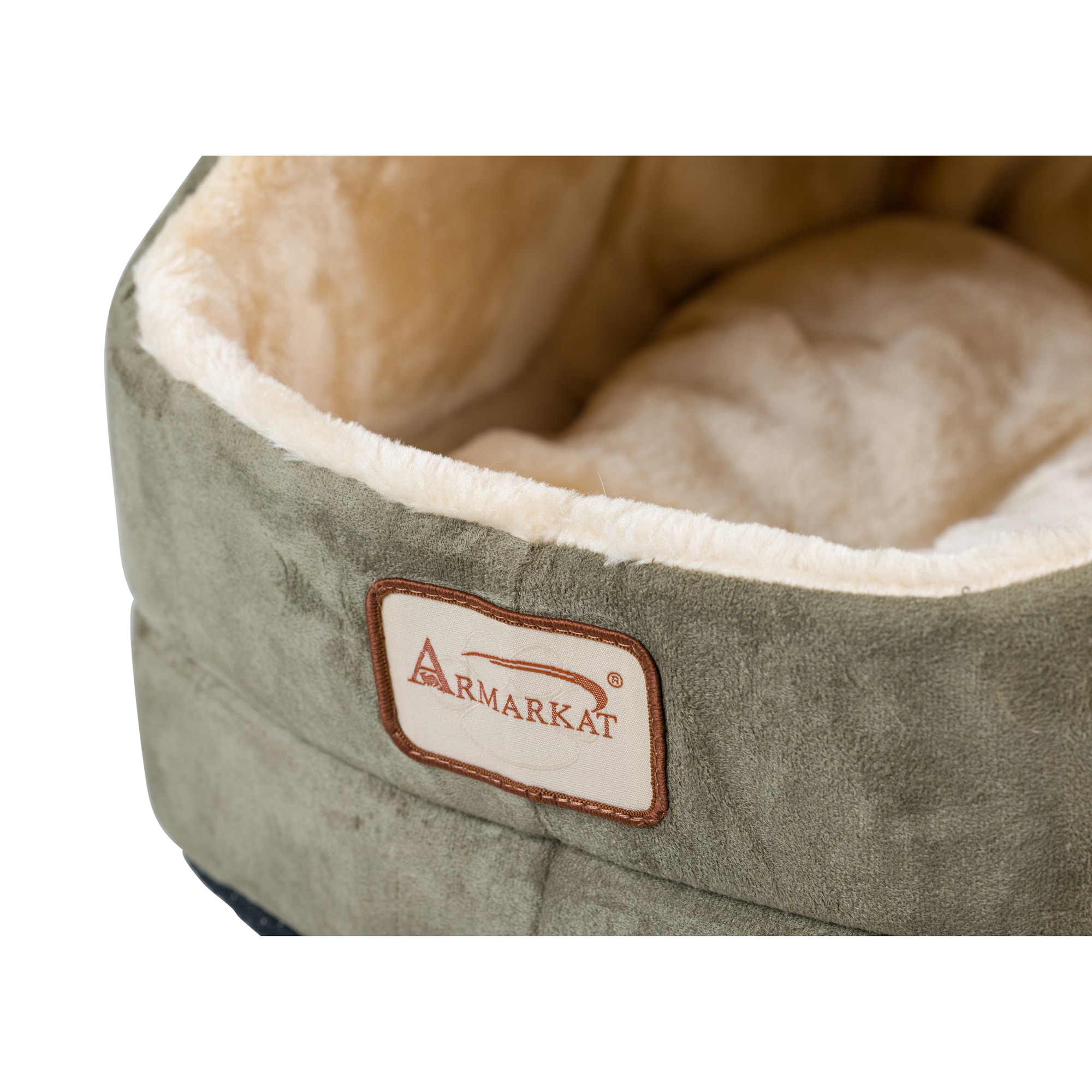 Small Laurel Green and Beige Suede Cat Bed with Fiberfill