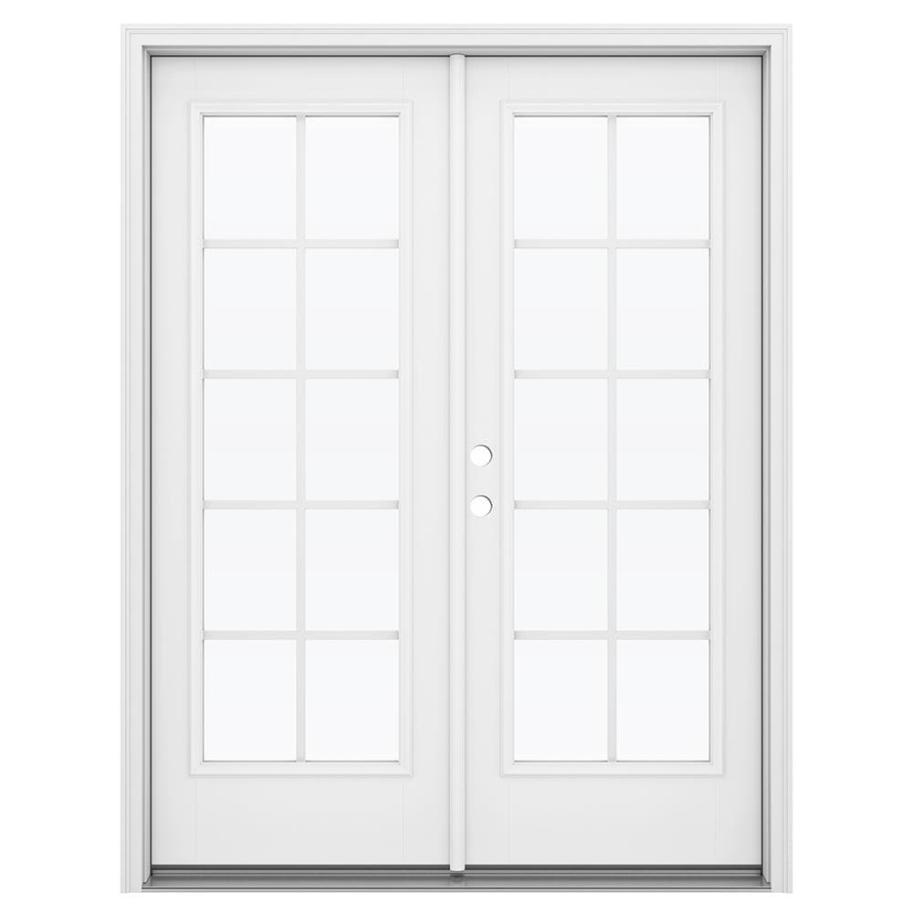 JELD-WEN LOWOLJW182300134 F-3500 60-in x 80-in x 4-9/16-in Jamb Low-E Grilles between the glass , Primed Fiberglass Right-hand inswing French Double Patio Door Brickmould Included