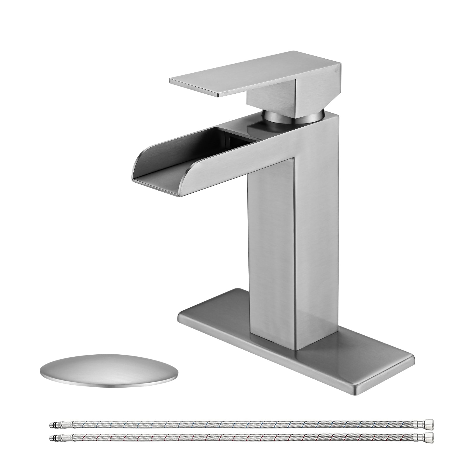 LOVMOR SF-J-W1224P224286 Waterfall Bathroom Faucet Brushed Nickel Single Handle Bathroom Sink Faucets 1 or 3 Hole Solid Vanity Faucet with Deck Plate and Overflow Pop Up Drain Brushed Nickel