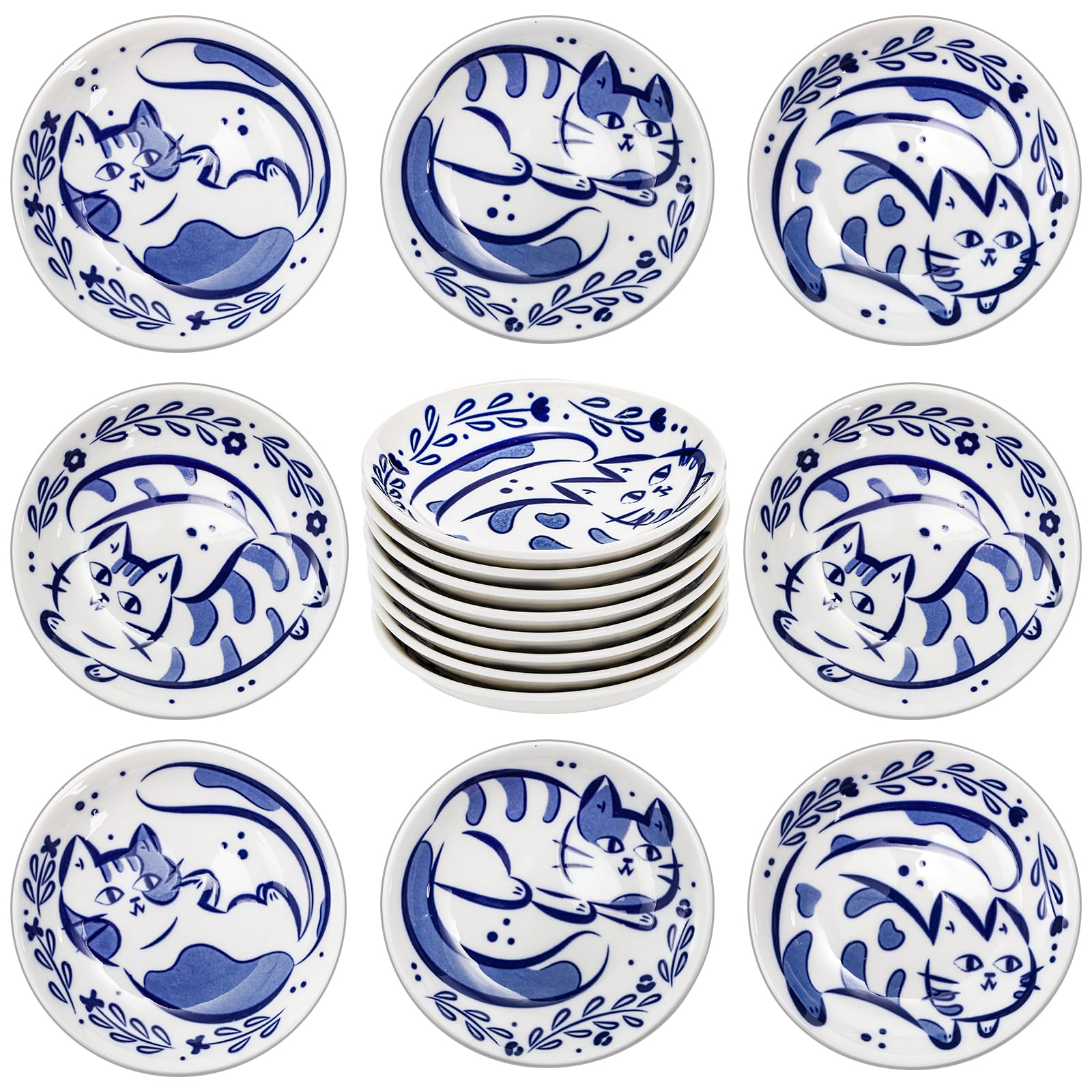 Aoibox  Set of 8 Ceramic Dipping Bowls 4 Inch Cat Design Soy Sauce Dish 3 Oz Small Serving Bowls Blue and White