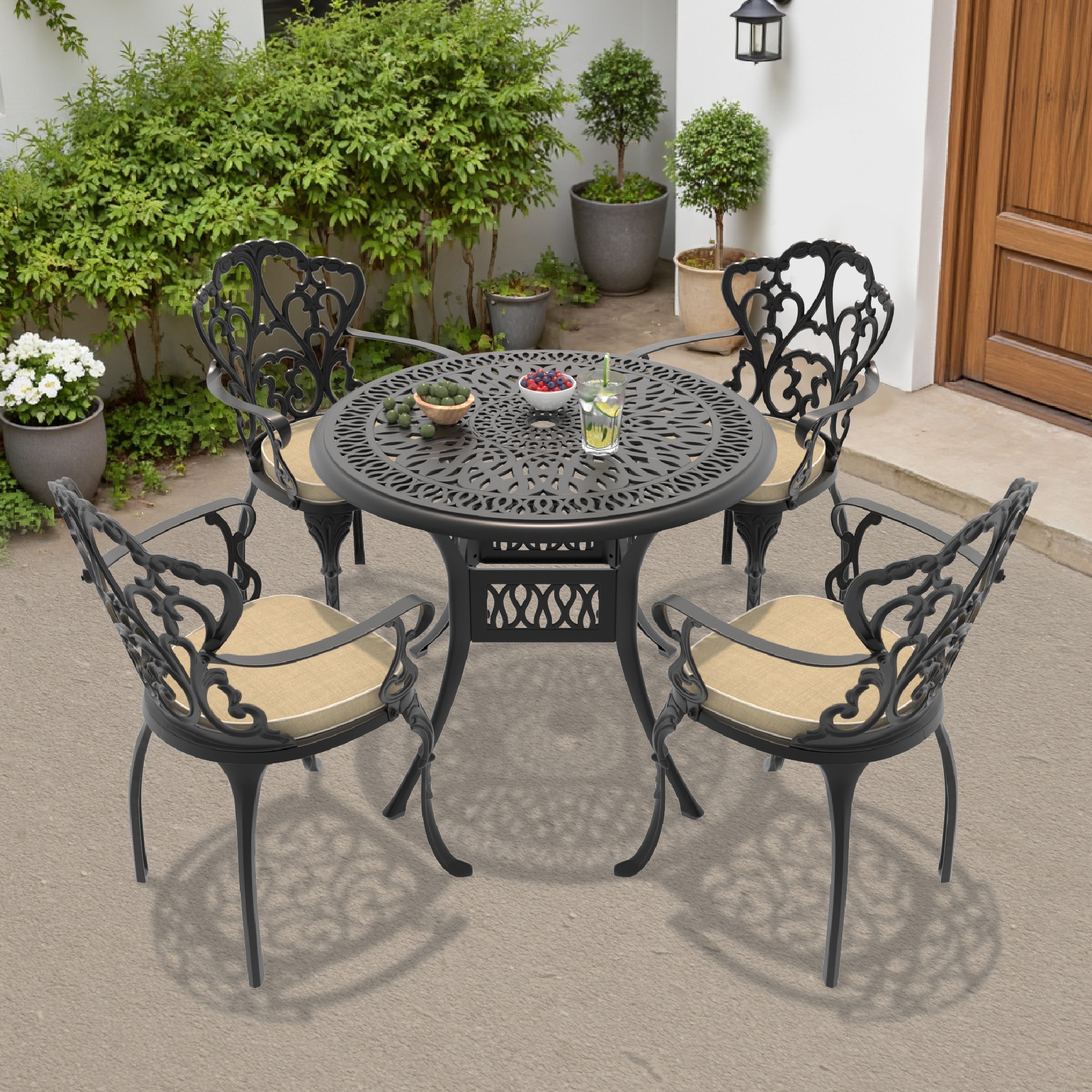 nicesure SLBK6047CZ4A1002RC 5 -Piece Black Patio Dining Set Aluminum Round Table with 4 Cushions Stationary Chairs