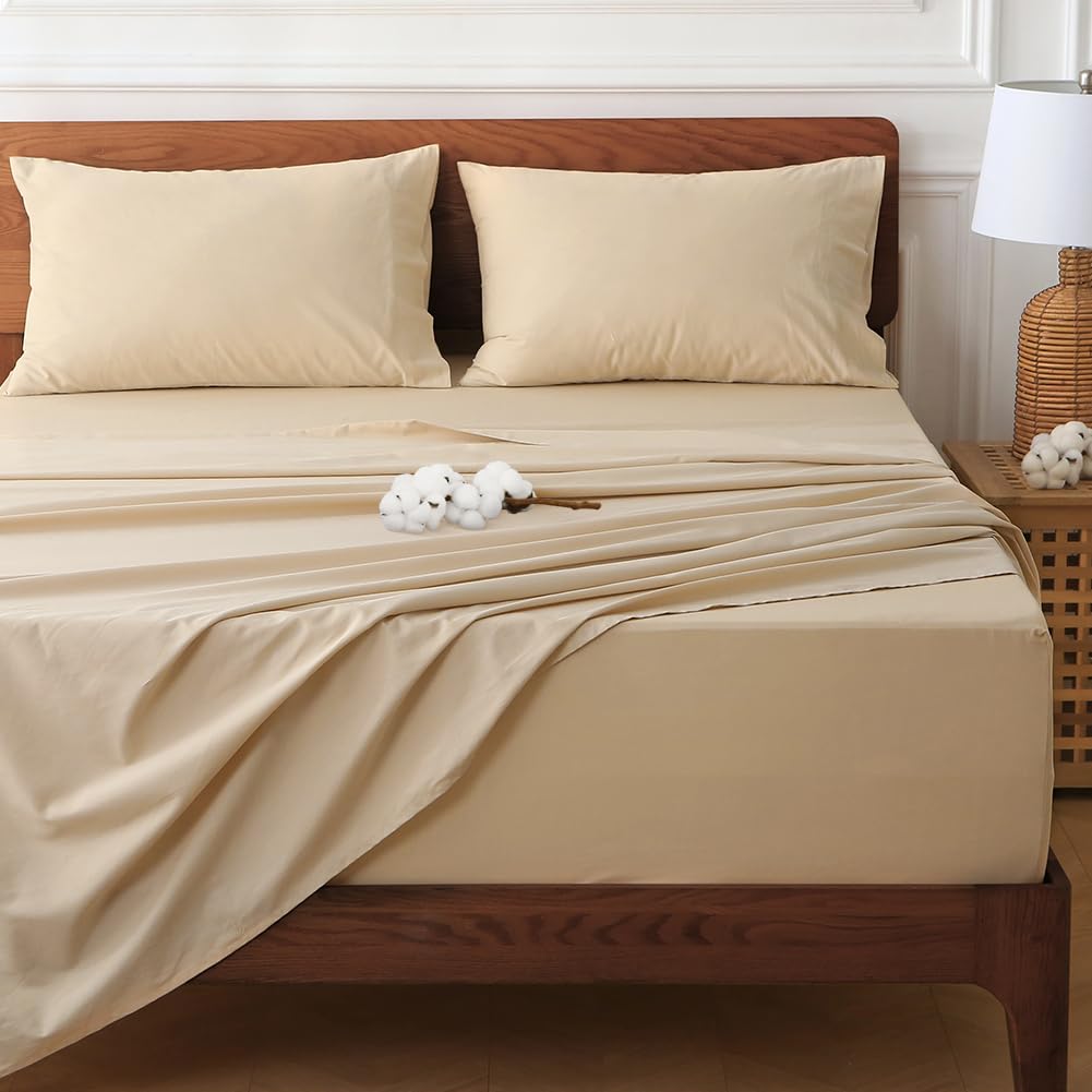 Yichuhaoxi  King Sheet Set 100 Percent Cotton Beige Extra Deep Pocket Fits 18 to 24 Inch Mattress Hotel Luxury Soft Cooling Wrinkle Free 4 Piece