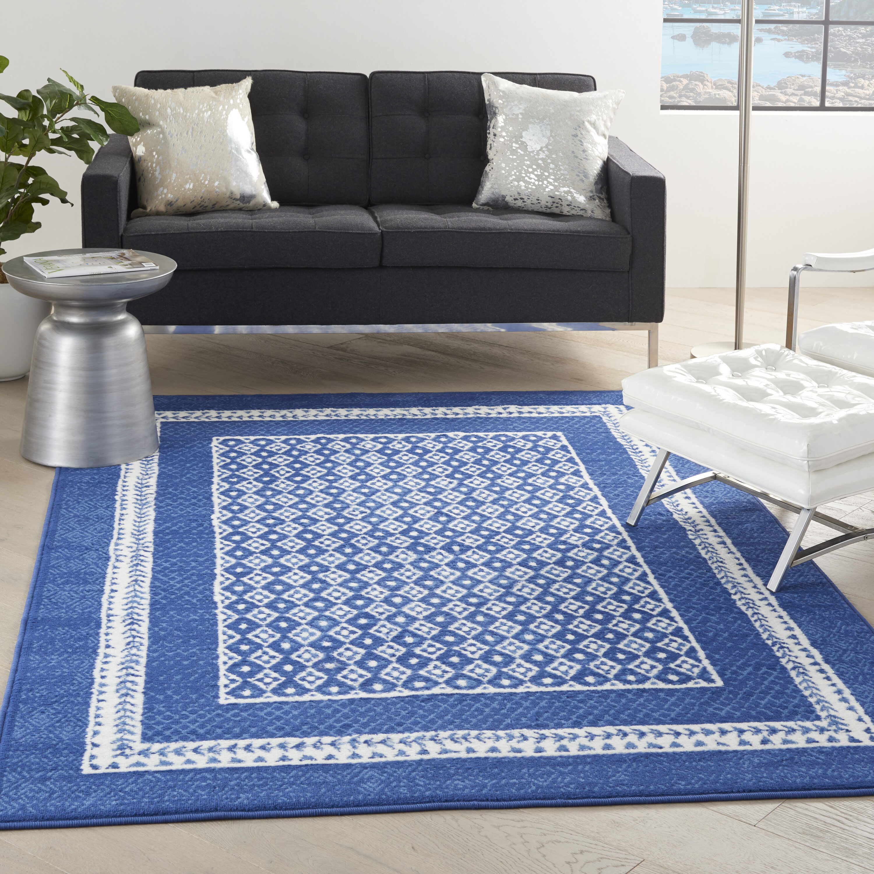 Nourison 99446834232 Whimsicle 5 x 7 (ft) Loomed Polypropylene Navy Rectangular Indoor Border Area rug