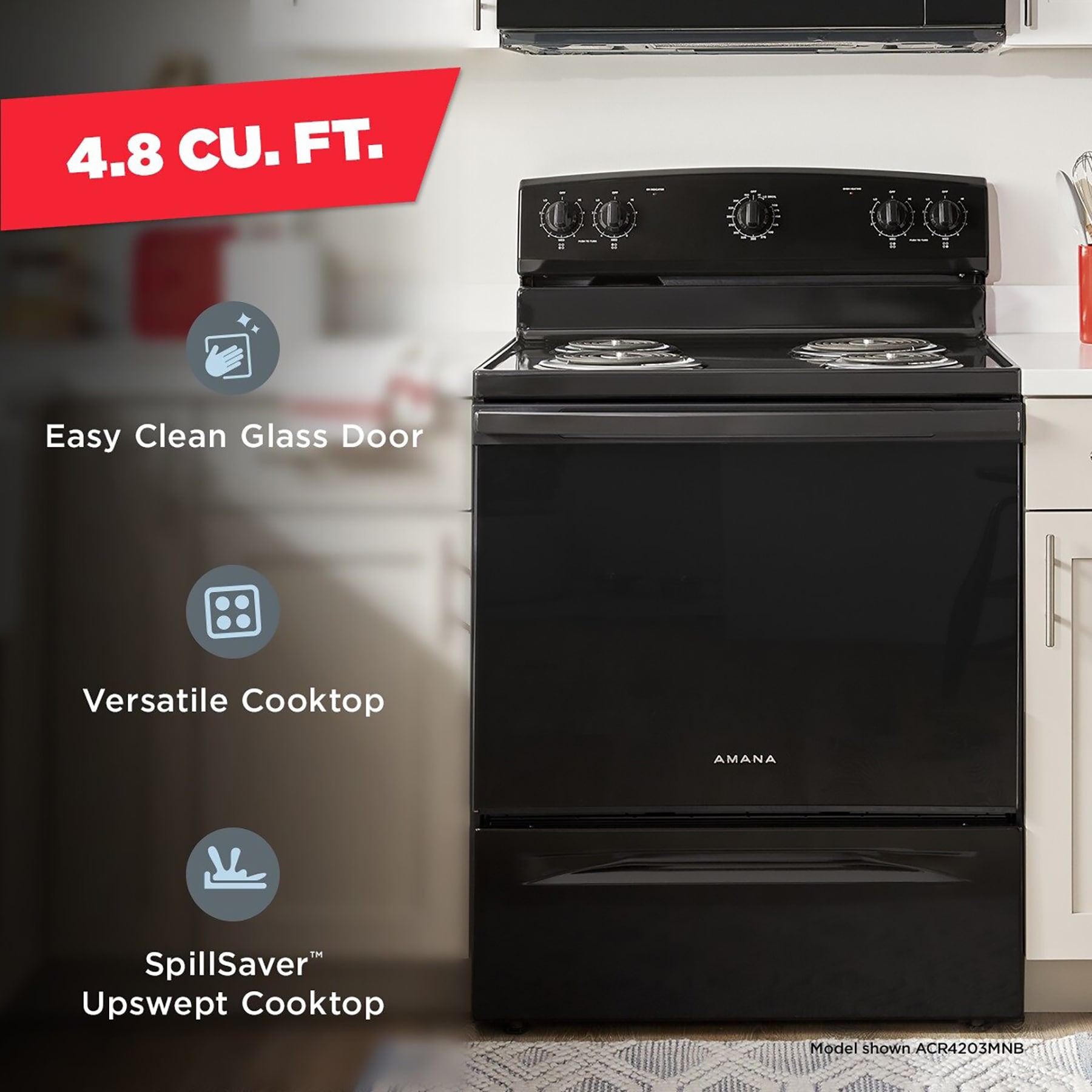 Amana 30-in 4 Burners 4.8-cu Ft Freestanding Electric Range (Black) In ...