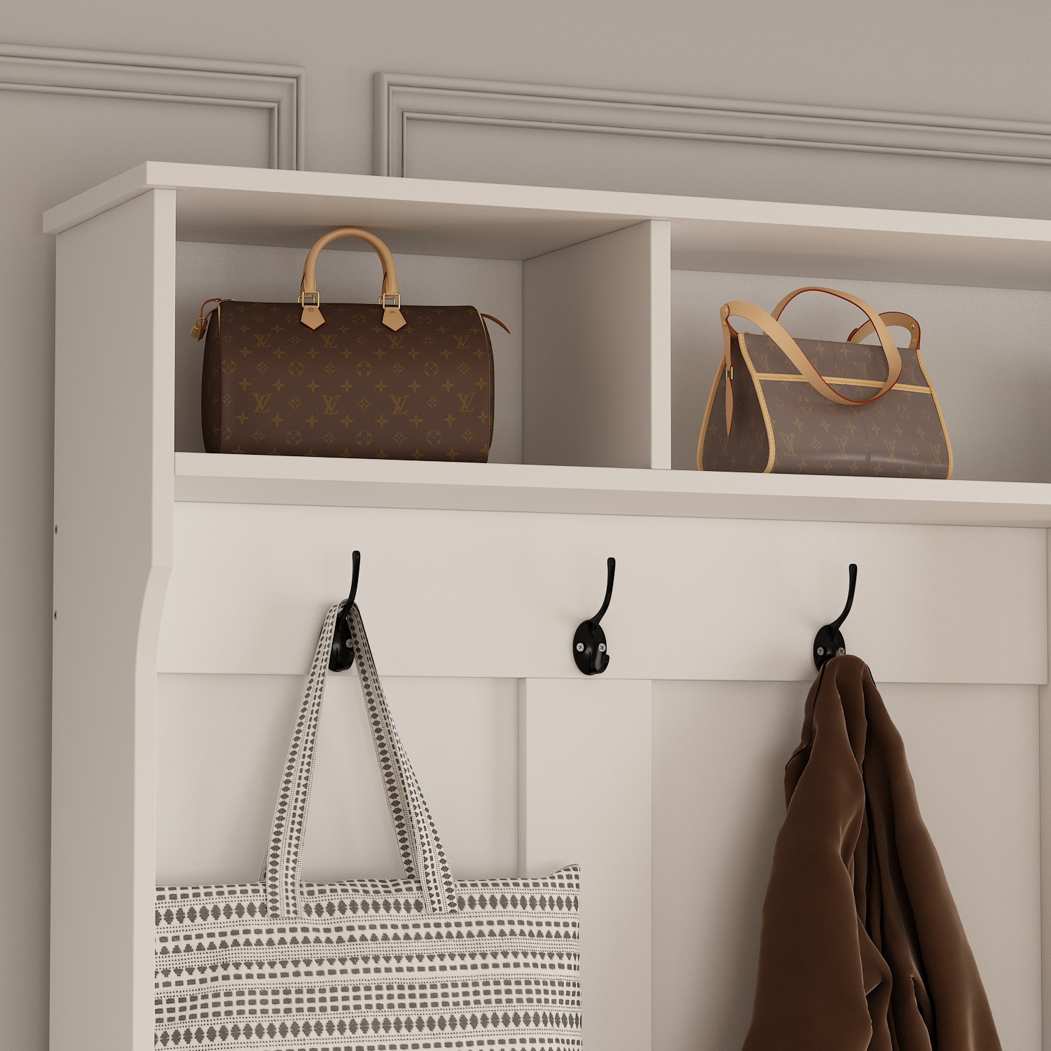 FUFU&GAGA Contemporary Hanging Wardrobe with Storage Compartments, Coat Hooks, and Shoe Cabinets in White | LJY-KFJH0268-01+02