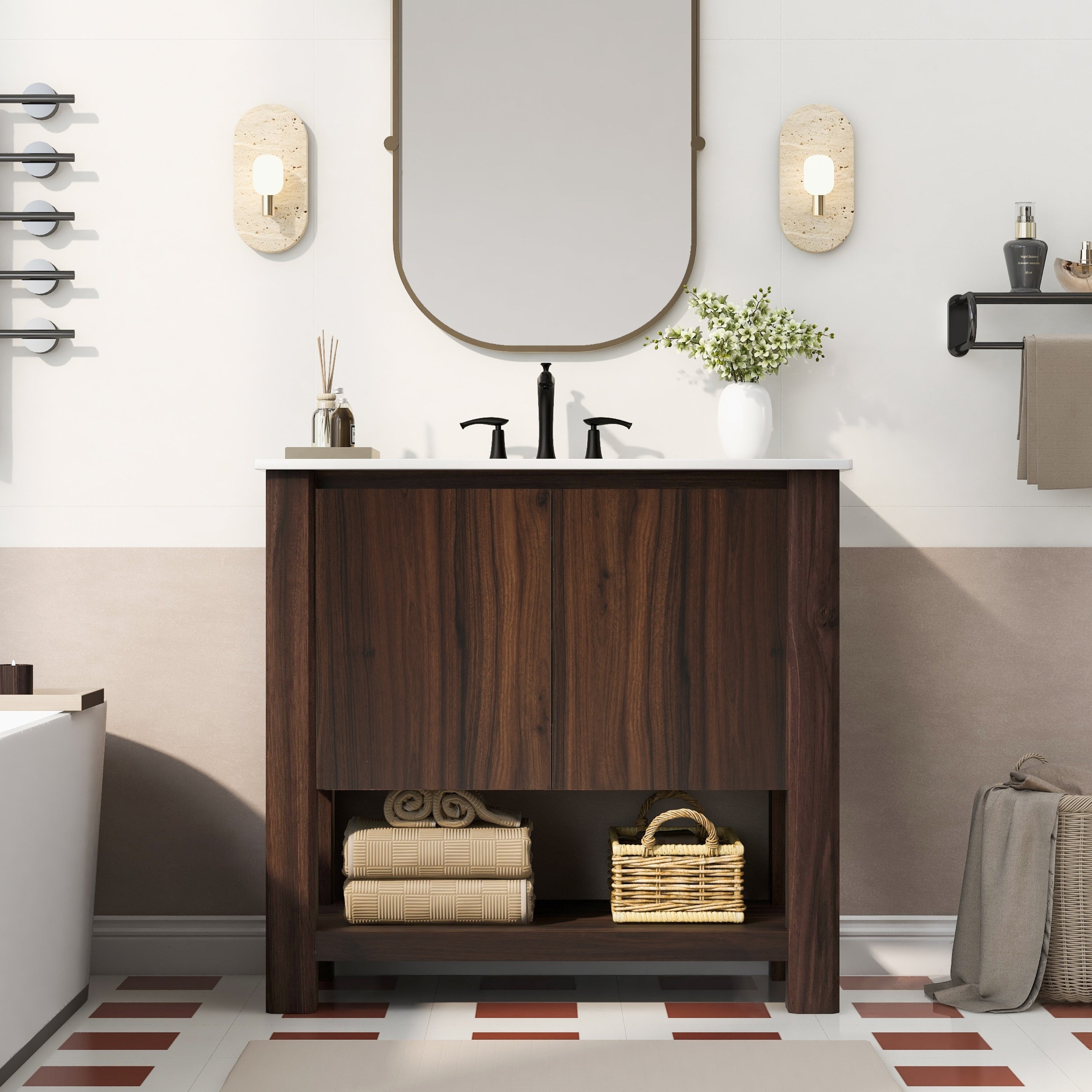 Boyel Living BL-NE-5321B 36 Inch Modern Bathroom Vanity with Rectangle Ceramic Sink Large Storage 45 Degree Free Handle Brown
