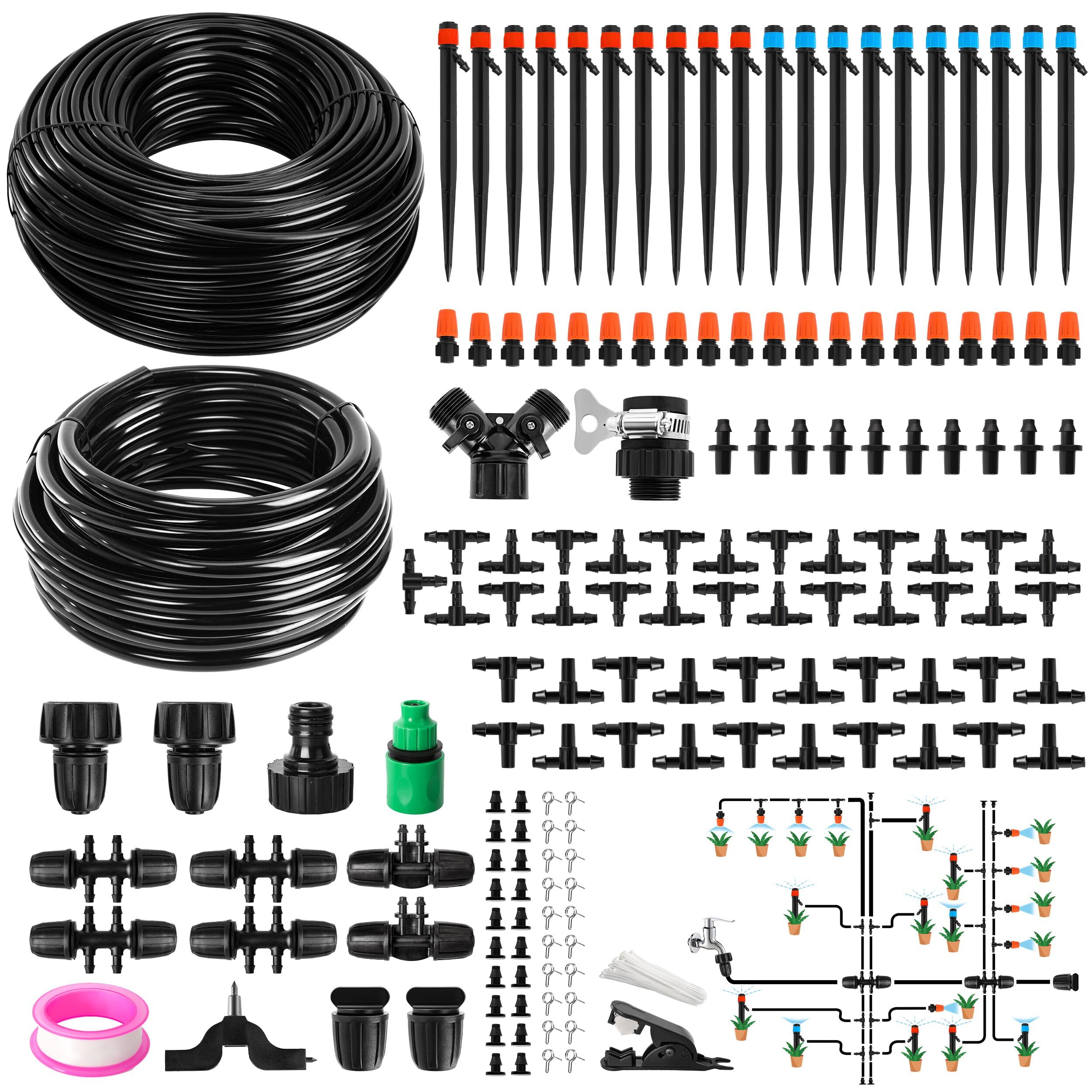 Etokfoks  240FT Automatic Drip Irrigation System Kit with 175 Piece Adjustable Emitters 40FT 5/16 Main Tubing 200FT 1/4 Branch Line for Garden