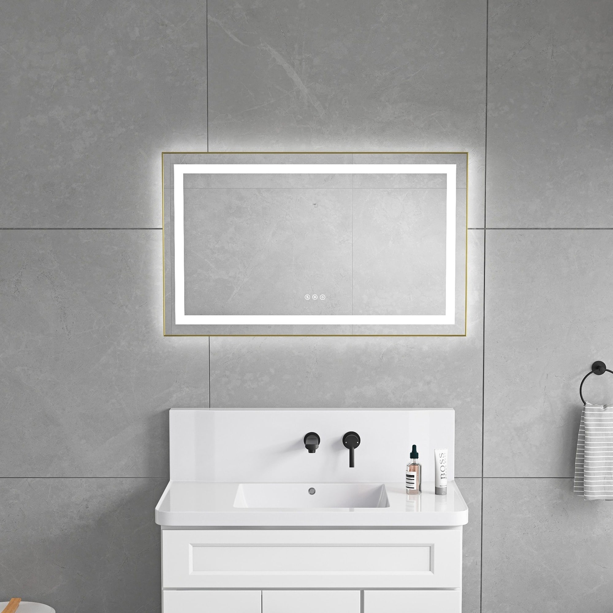 IAK 40 inch x 24 inch Brushed Gold LED Bathroom Mirror with Aluminum Frame and Front and Backlight with Anti-Fog Memory and Stepless Dimmable 3 Color Temperatures
