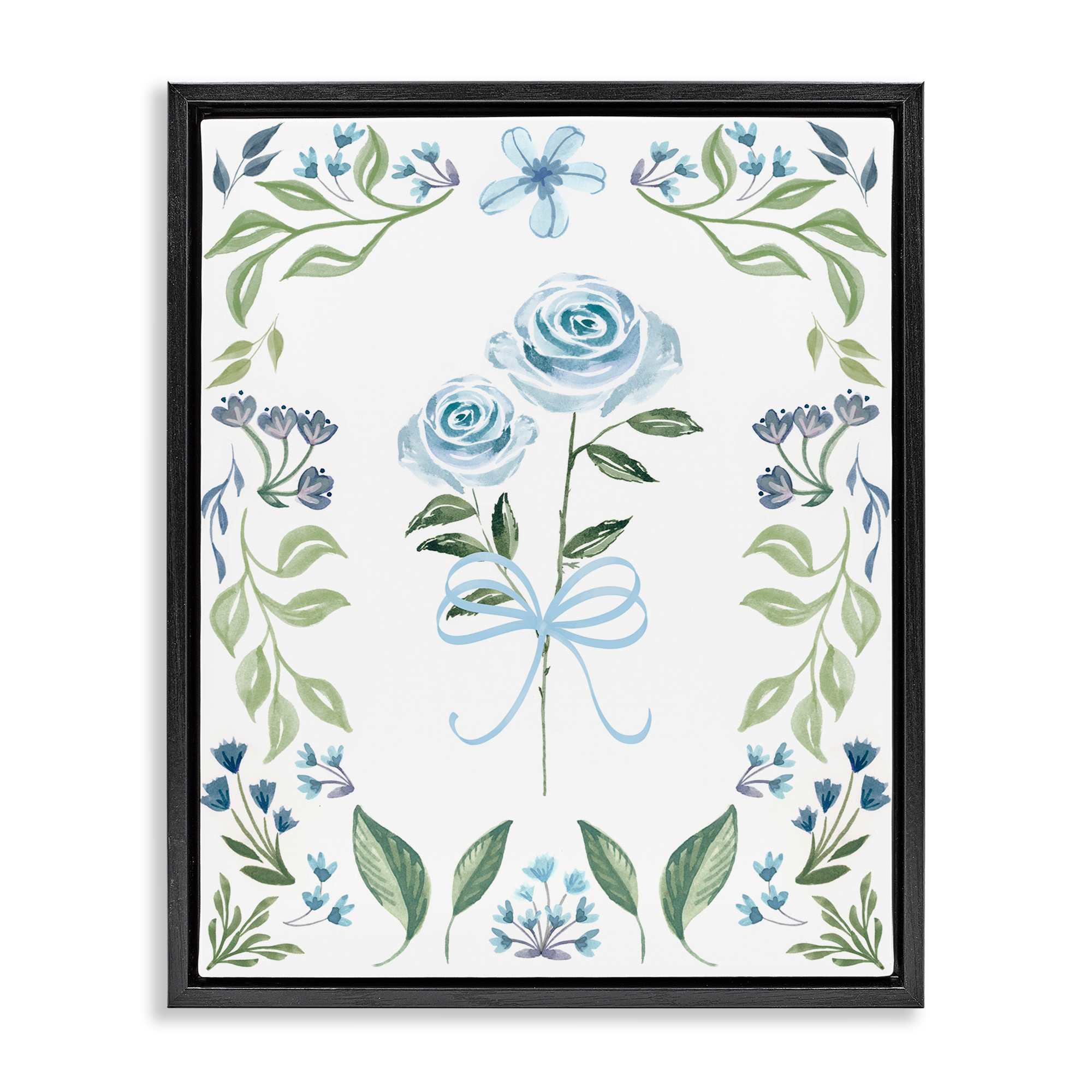 Stupell Industries BS-203-FFB-24X30 Blue Roses and Floral Border Black Framed Floater Canvas Wall Art By Kristen Brockmon 25 x 31