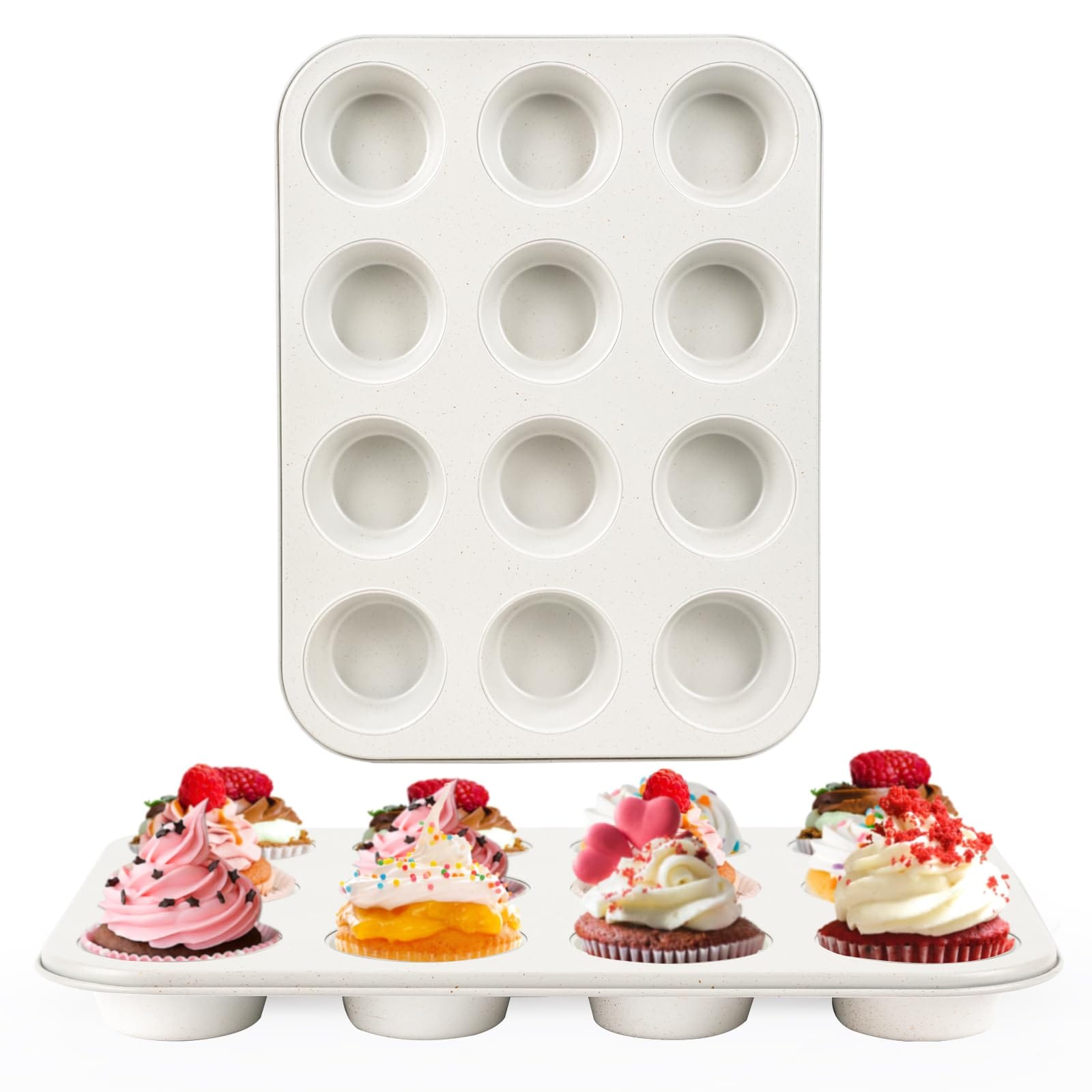 DHMHD  Healthy Baking Cupcake Pan 2 Pack Non Stick 12 Cup Muffin Pan Durable Easy Clean Muffin Tin Perfect for Cupcakes Muffins Beige