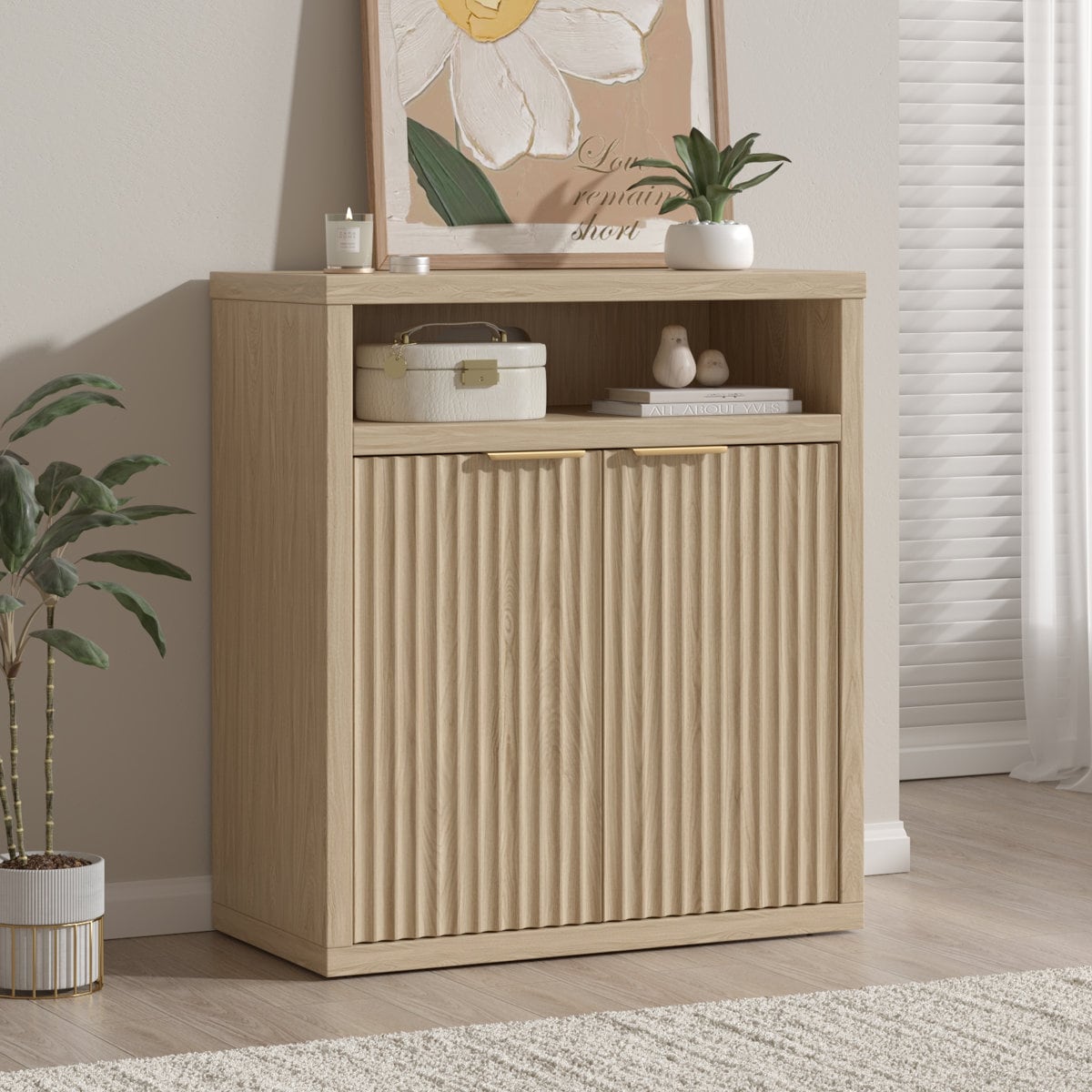 Furologee 29.9 Inch TV Stand Media Console Sideboard with Storage Shelves and Open Compartments for Living Room