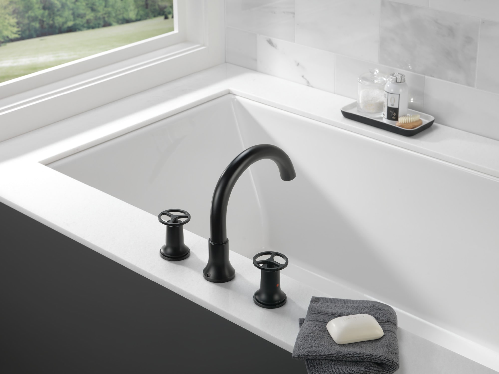 Matte Black Brass Modern Widespread Deck Mounted Faucet