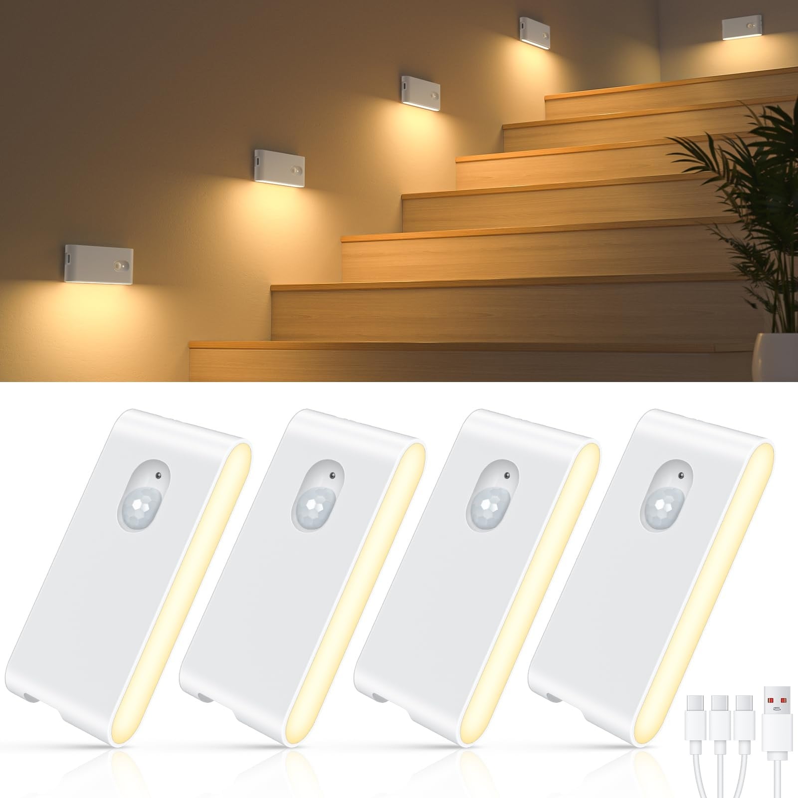 Oyezvary  4 Pack Warm White Rechargeable Motion Sensor Night Light Indoor Wireless Stick On Stairway Hallway Kitchen Closet Cabinet Bedroom