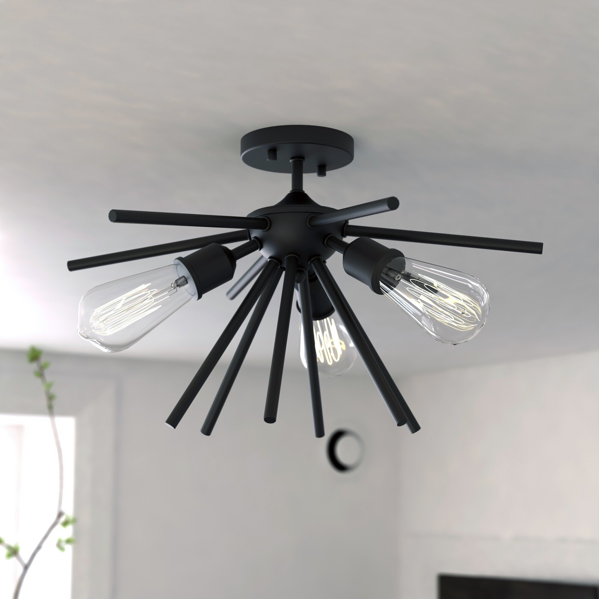 Matte Black Sputnik Semi-Flush Mount with Edison Filament Bulbs