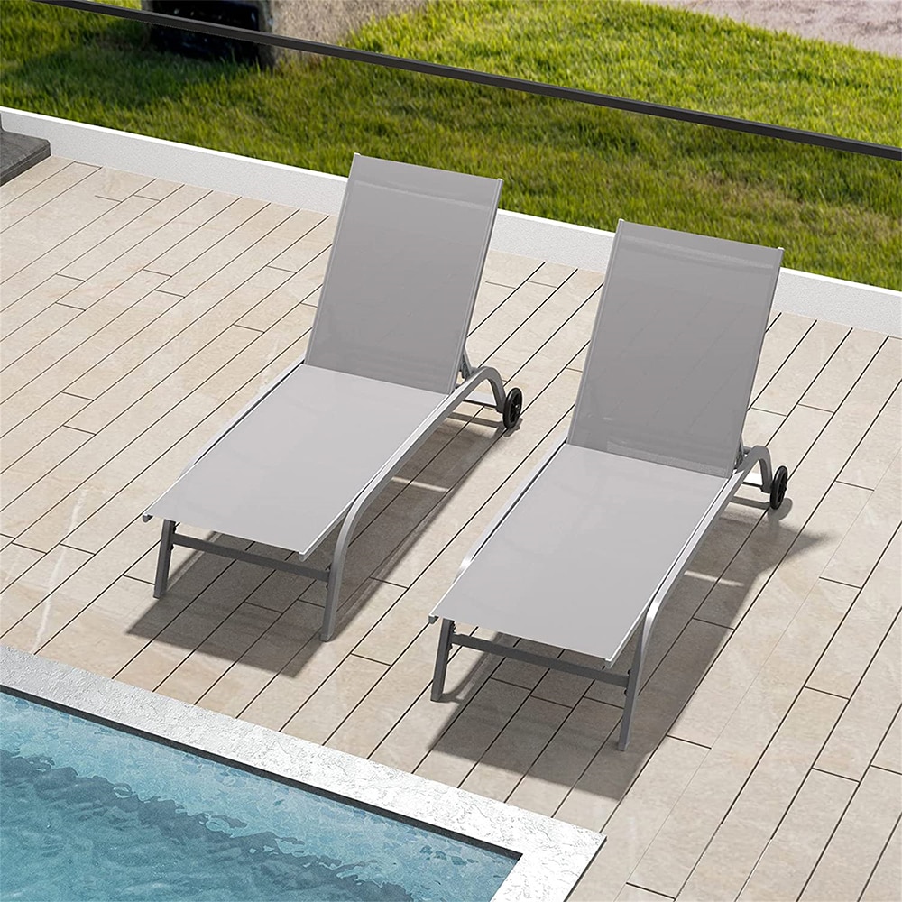 Topcraft PCL008GY Set of 2 Stackable Gray Aluminum Frame Stationary Chaise Lounge Chair with Gray Mesh Seat
