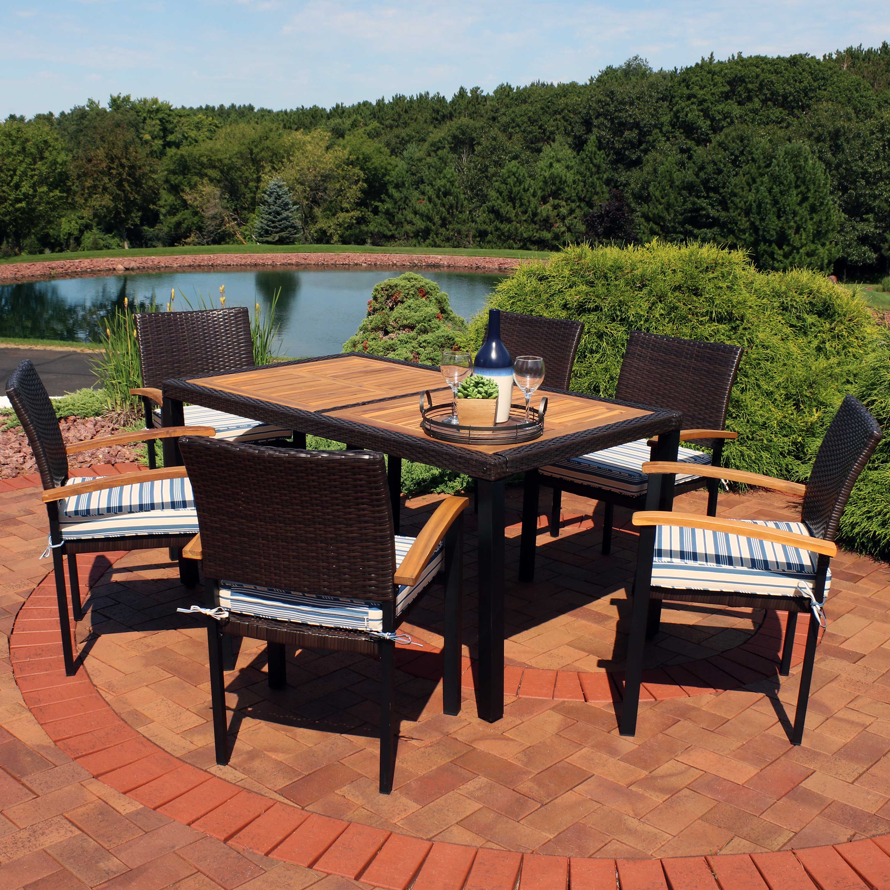 Carlow 7-Piece Brown Rattan and Acacia Wood Patio Dining Set with Blue Cushions