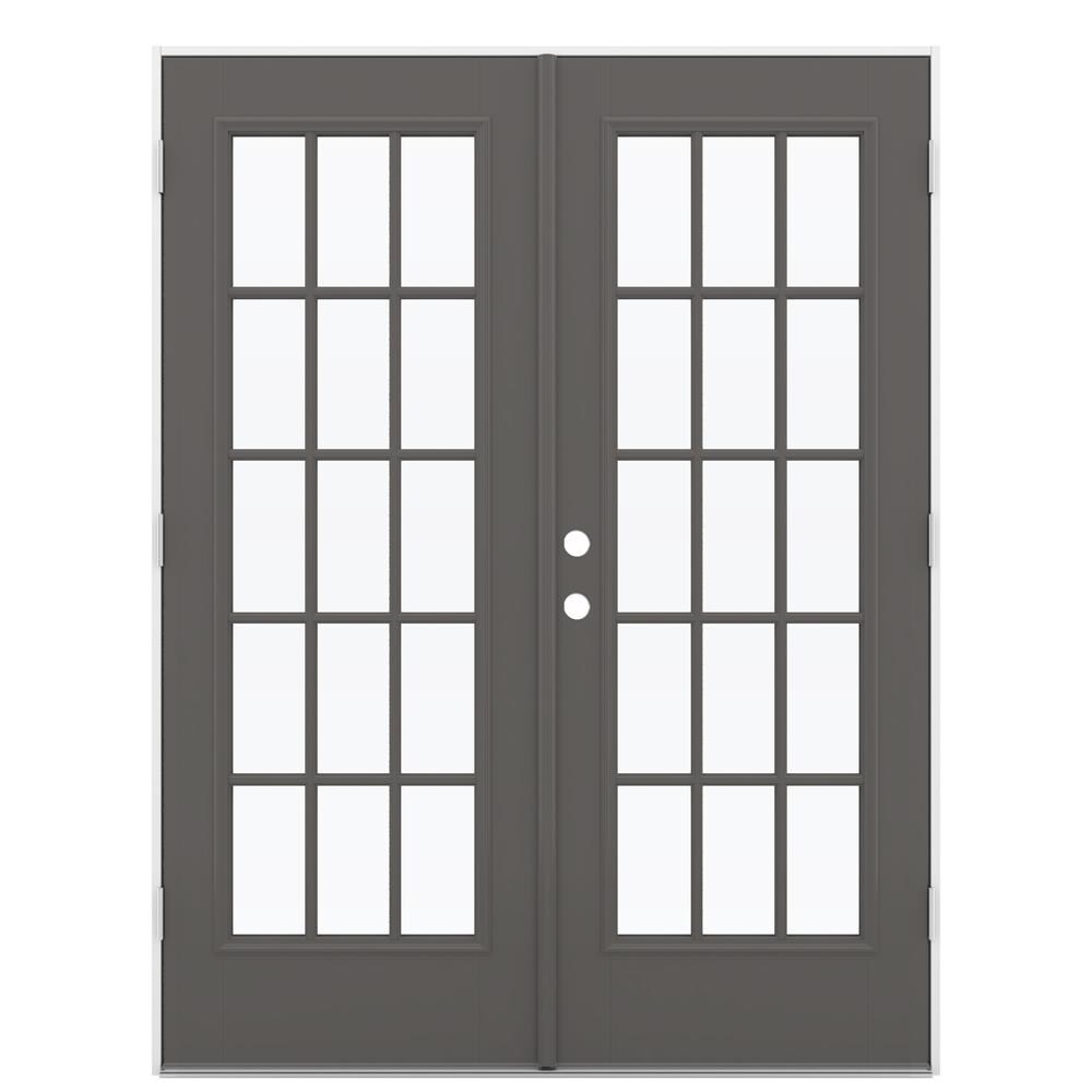 JELD-WEN 60-in x 80-in x 4-9/16-in Jamb Low-e Simulated Divided Light Timber Gray Fiberglass French Left-Hand Outswing Double Patio Door -  LOWOLJW184100066