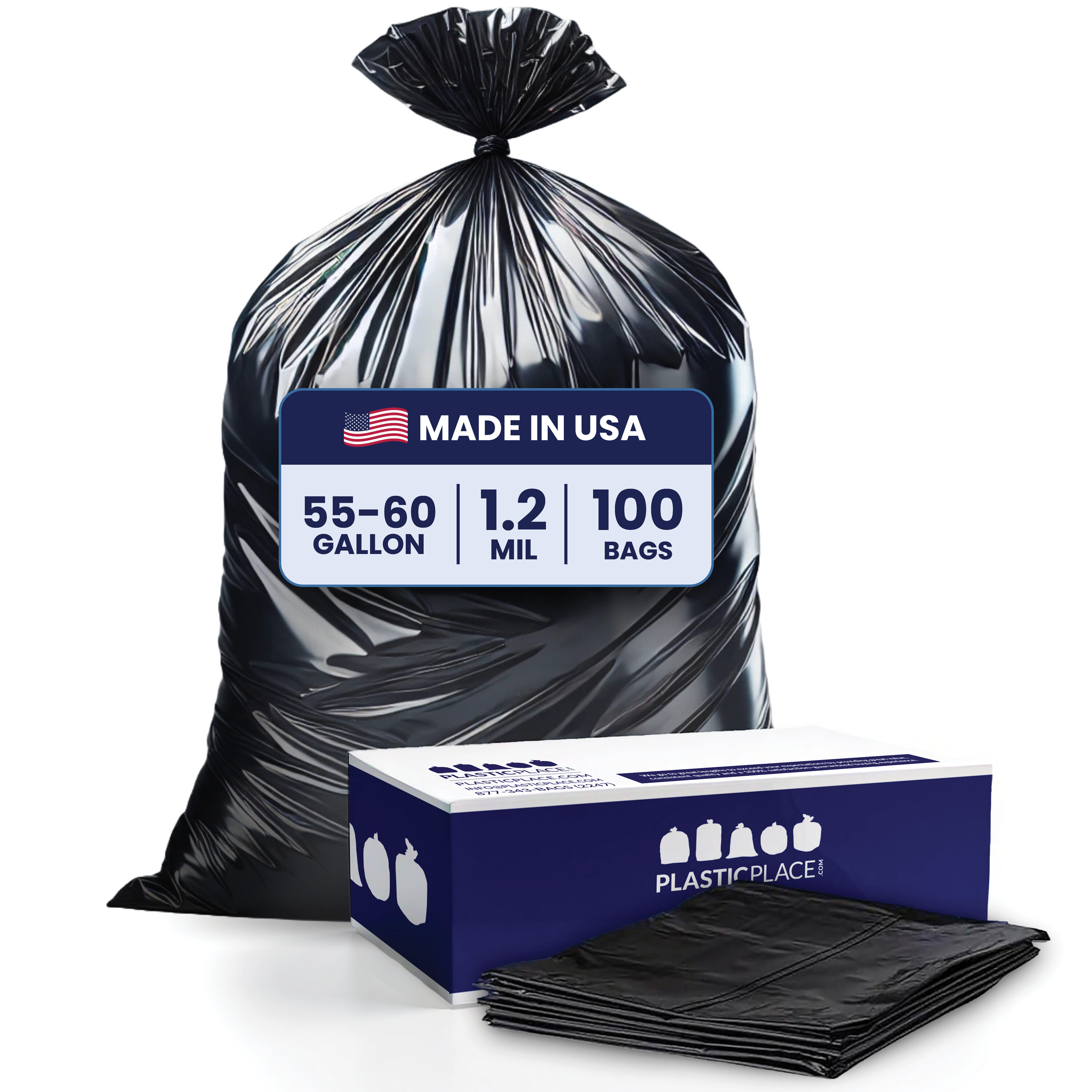 Plasticplace T55120BK 55-Gallon Black Indoor Plastic Can Twist Tie Trash Bag 100 -Count