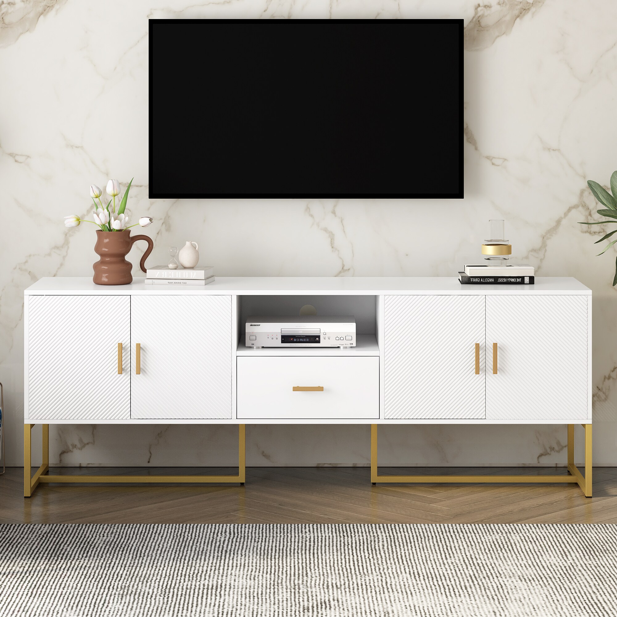 LOVMOR SF-H-N724P198473K Modern TV Stand for TV up to 70 Inches TV Cabinet with 1 Drawer 2 Cabinets and Metal Legs Handles and Anti-tip Device for Living room