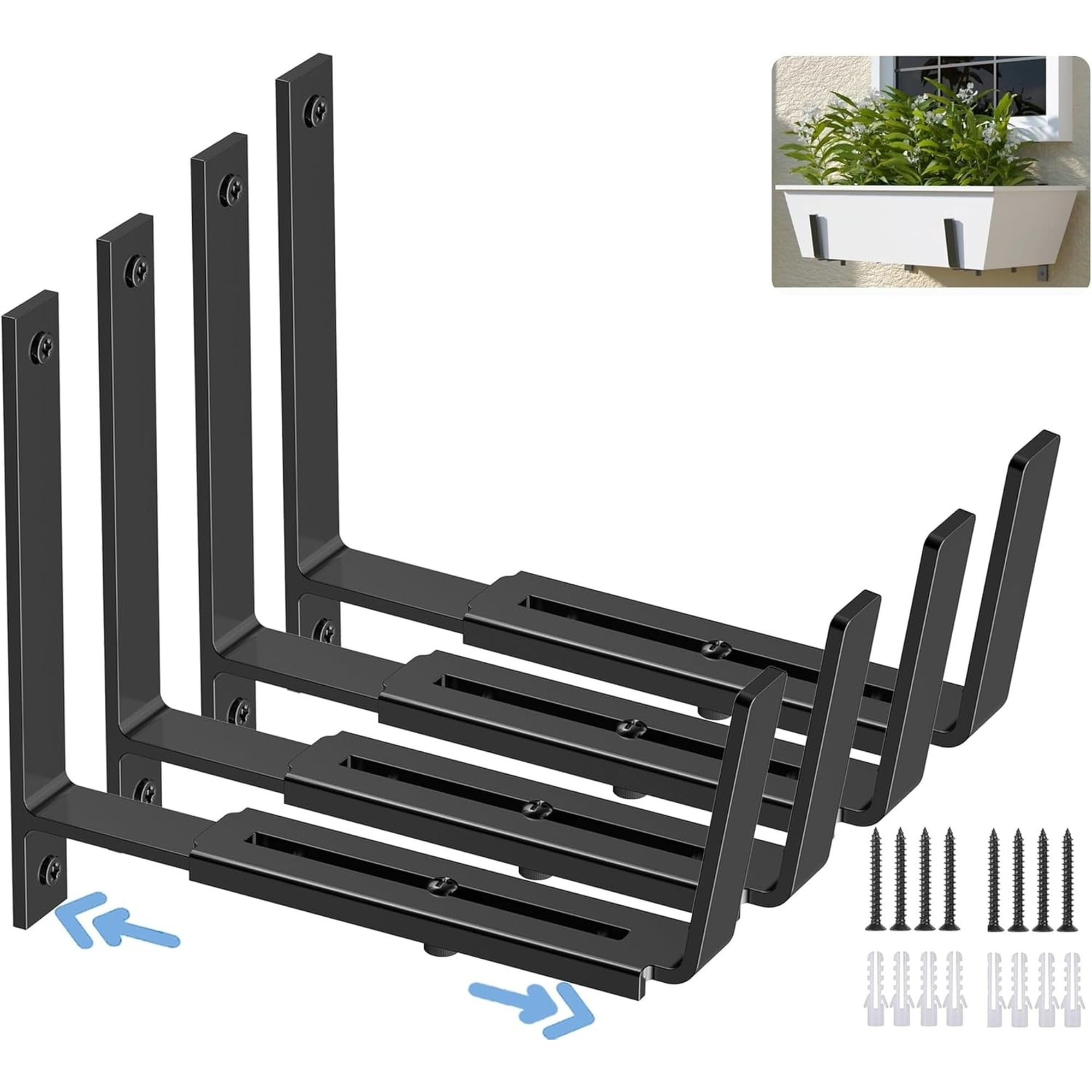 Angel Sar 4 Pack Adjustable Heavy Duty Metal Universal Window Box Brackets with Wall Mount Hooks for 6 to 12.5 Inch Planter Boxes Balconies Fences Patios Gardens