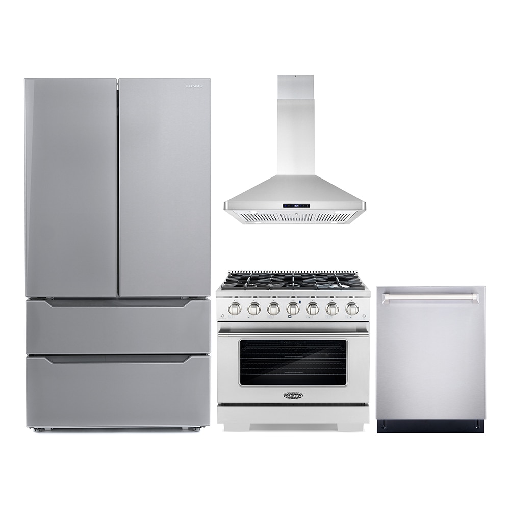 Cosmo 3 Piece Kitchen Appliance Packages with 36 Freestanding Gas Range  Kitchen Stove 36 Island Range Hood & 24 Built-in Fully Integrated