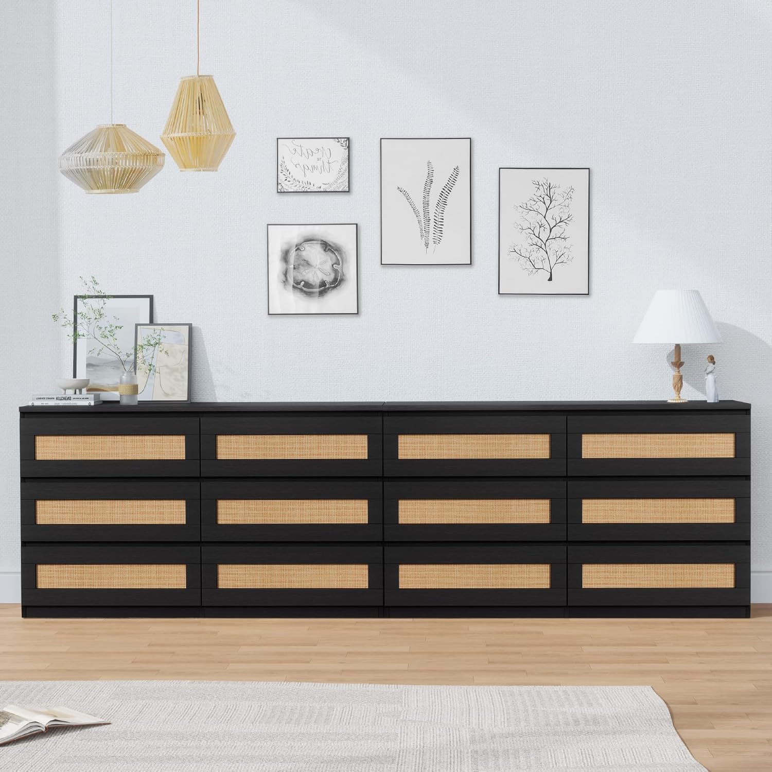Qeetex GDGPHO13AD2YO0 Black Multi Purpose Wood Dresser with Six Drawers Rattan Fronts and Smooth Operation for Bedroom Living Room Entryway and Tv Stand